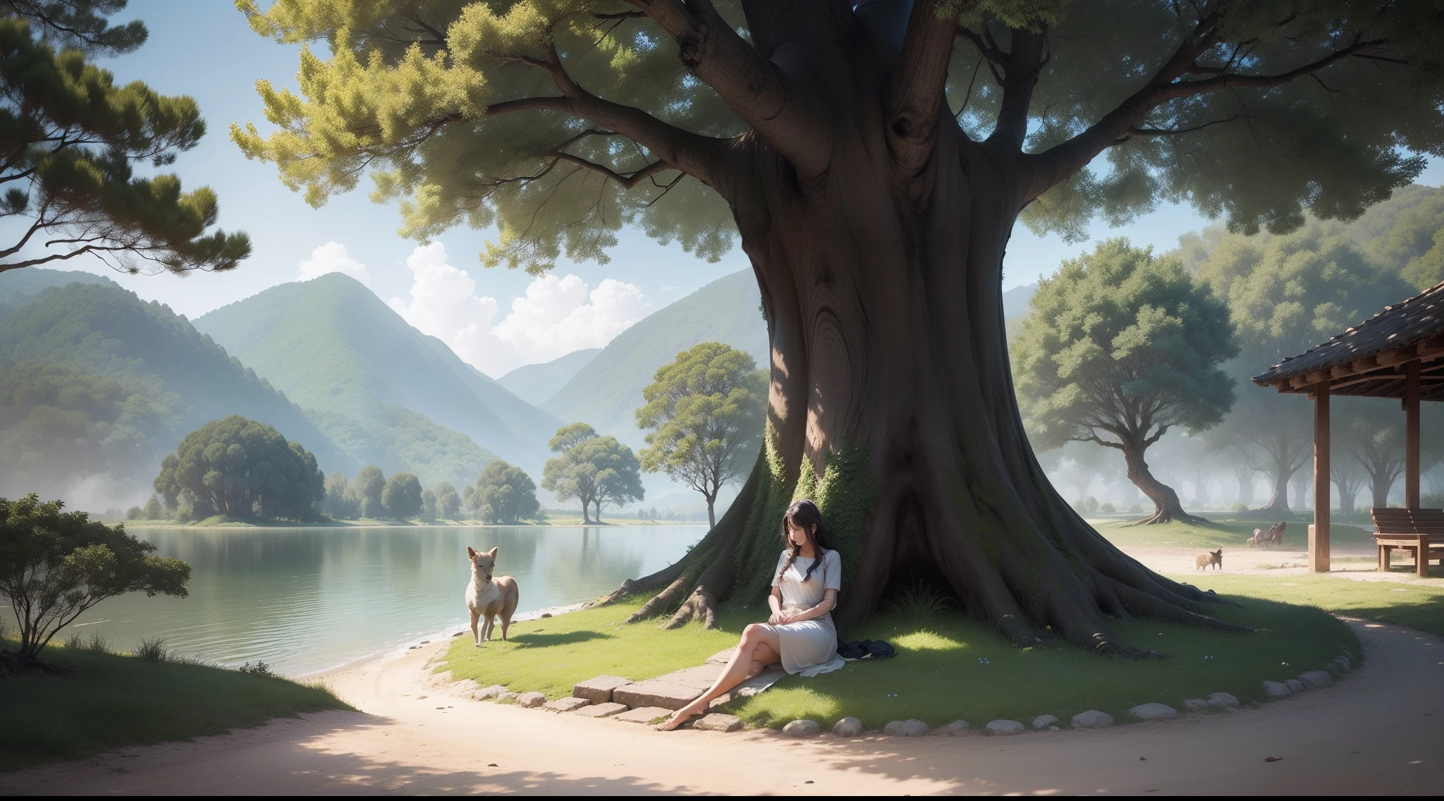 Create an image of people and animals benefiting from the shade and shelter of the tree.
The image should show a large, strong tree, fornecendo sombra e abrigo para pessoas e animais.
The tree must be located in a natural environment, como uma floresta ou um campo.
People and animals should be benefiting from the tree in different ways.
The image should have a sense of peace and tranquility.