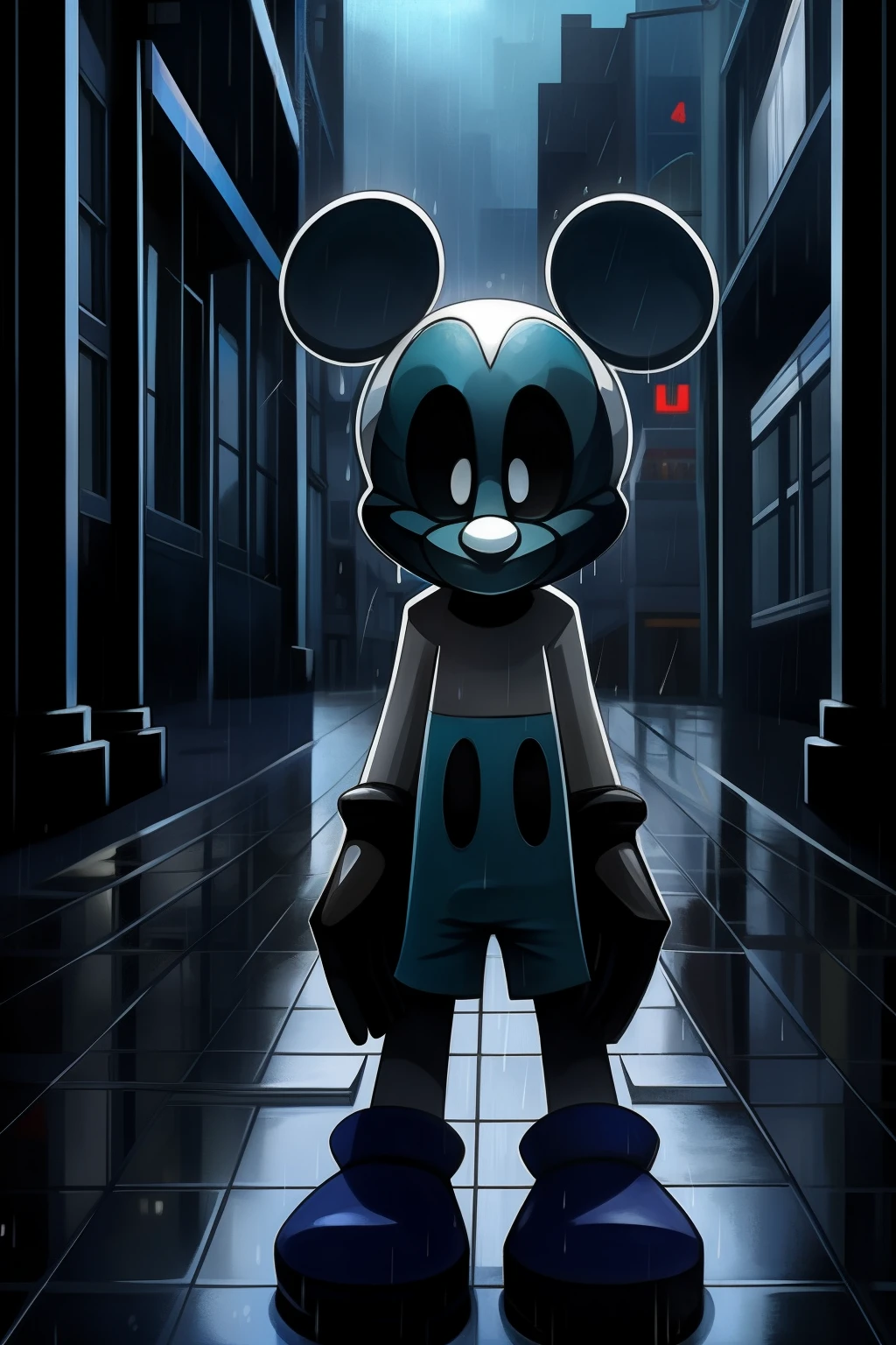 Mickey Mouse, black gloves, cyan tongue, black eyes with white pupil, sad expression, crying, tears, expressive, dynamic frontal angle, cloudy, exterior, city street background, raindrops, raining, intricate details, masterpiece