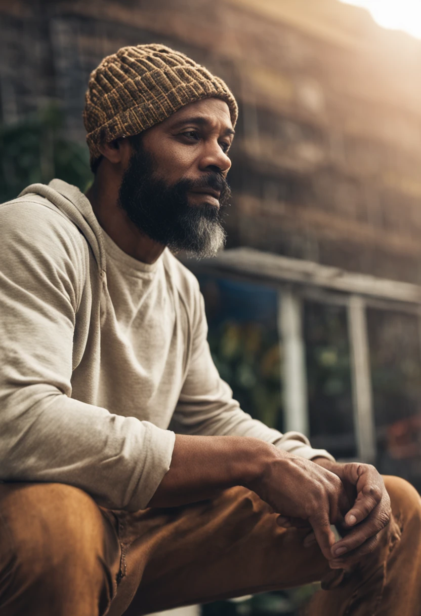 homem bonito, 30 a 40 anos, homem, sozinho, bonnet, white cap, magro, forte, olhos pretos, cabelo preto e grisalho, sem barba, Man in the Treme, cena de filme, realismo, bonnet, white cap, wearing cap