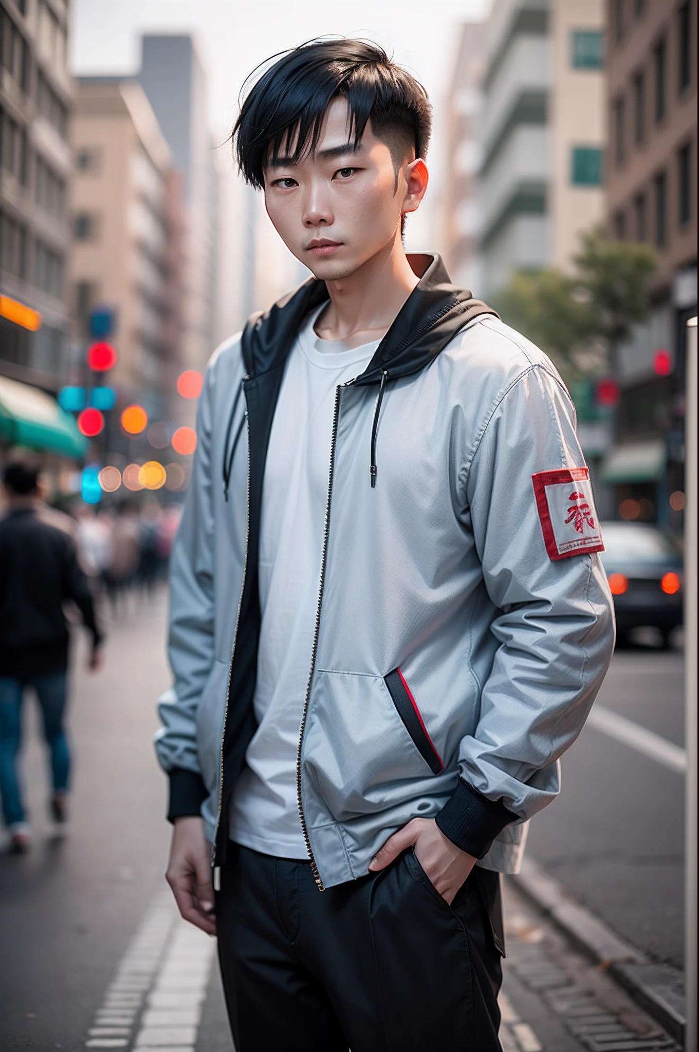 A Chinese man is standing on the street - delicate skin and super real-life portrait wearing white 👕 feet wearing AJ shooting in real photography style --auto --s2