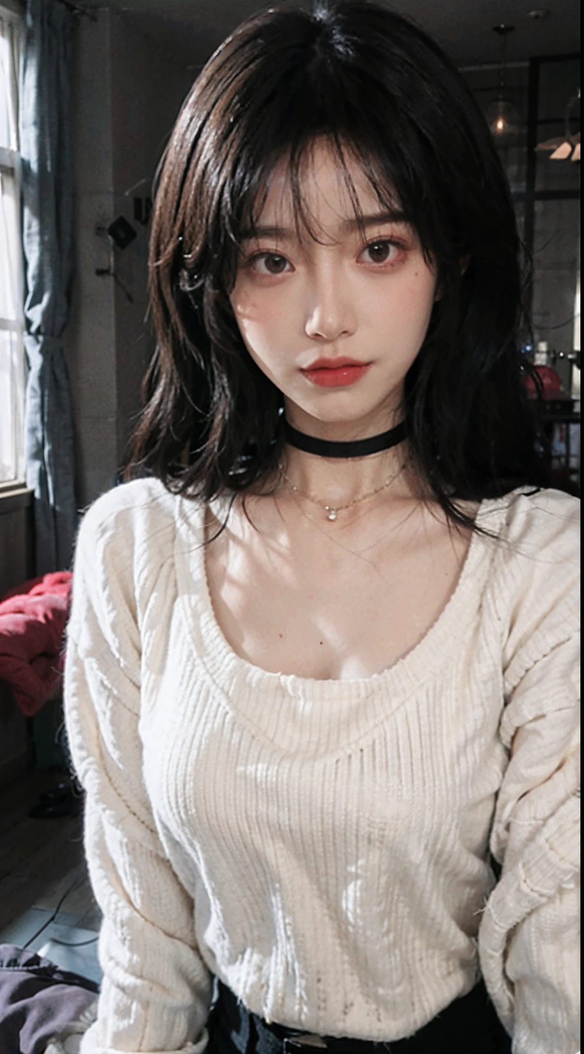 best qualtiy， 超高分辨率， （realisticlying：1.4），Baoyu Girl，1girll, with long coiled hair，Blushlush，Looking into the distance，nedium breasts，Cropped red sweater，a sense of atmosphere，Beautiful woman with a slim figure:1.4, Pronounced abs，Ultra-fine face，Elaborate Eyes，二重まぶた，choker necklace