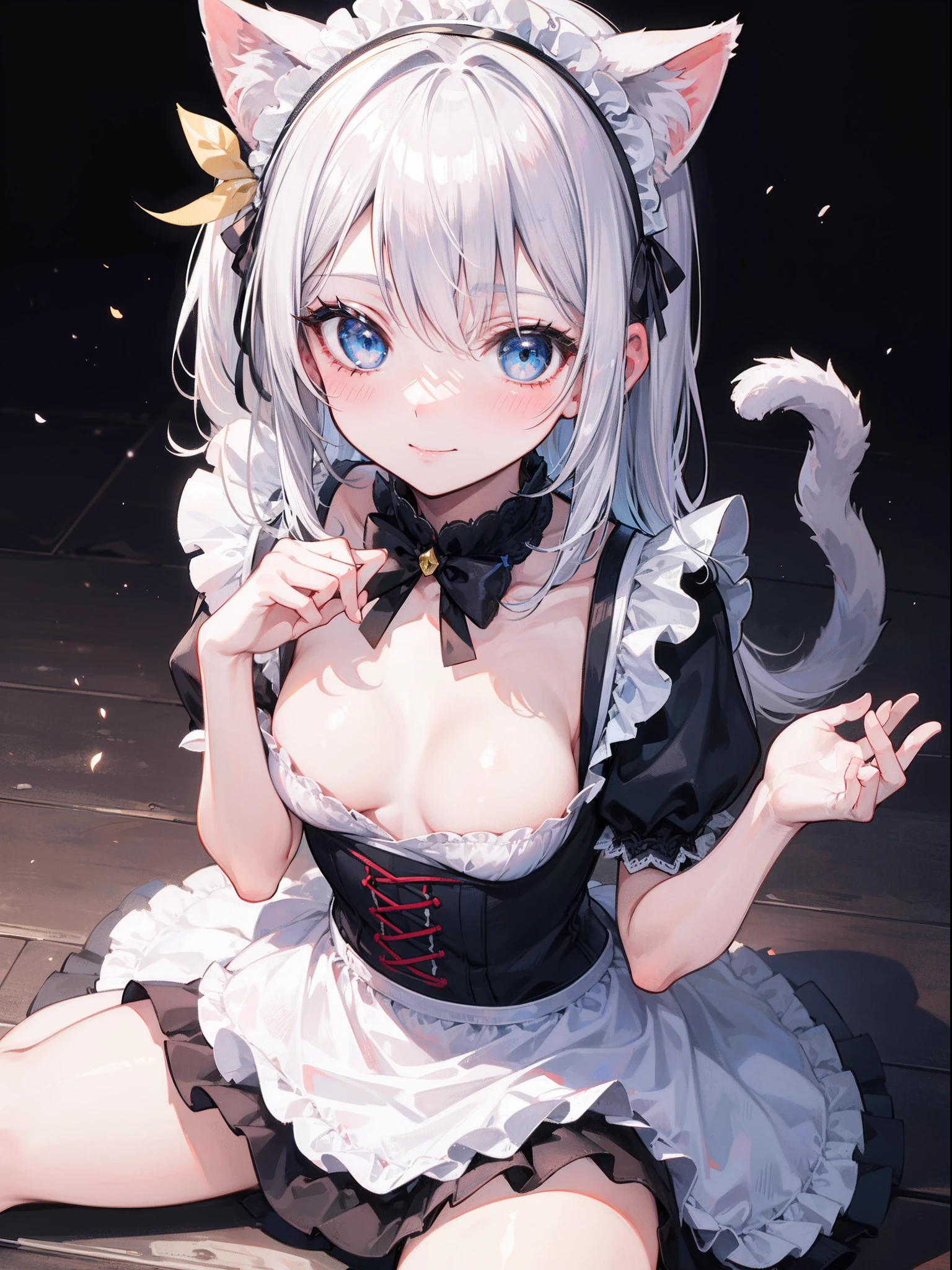 Best quality, super high precision, One girl, Blue eyes, White hair, Young, Loli, Cute, maid, maid costume, Blush, Natural smile, Teenage uncensored, Cat's ears, Small breasts, Look up at you, cleavage, Pure, obedience, Sitting, Sit gracefully