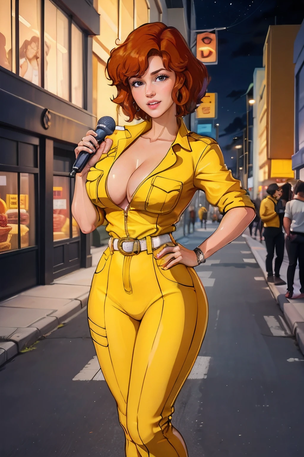 Disparo de vaquero, Abril O'Neil waifu, 1980s \(estilo\), 1 mujer, brown hair, Pelo rojo,pelo corto,cabello naranja,sonrisa, Estilo de arte retro, pelo corto, solamente,holding microphone with hands, mujer reportera television,Speaking into the microphone, traje de jersey amarillo, white belt,traje de jersey en las caderas amarillo, (desnudo_senos: 1.2), Medio_senos, escote, ojos hiperrealistas, Hermosos ojos,ojos detallados, cara realista, mujer bella mujer, fondo realista,Calle urbana, Luces nocturnas de la calle, Amazing lights, amazing background,mike, mike, Reportero de TV, Espectaculares luces nocturnas urbanas, Retrato de cuerpo entero, posing with microphone in hand