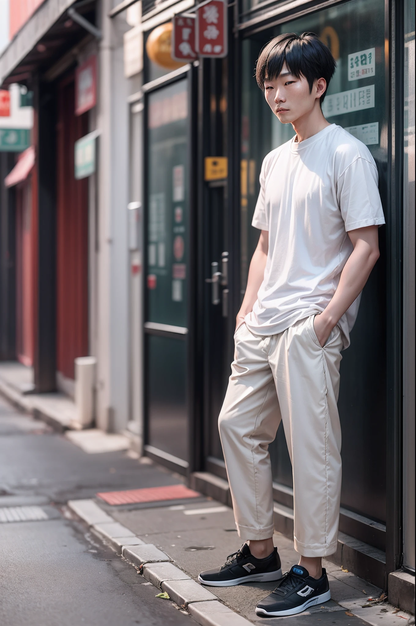 A Chinese man is standing on the street - delicate skin and super real-life portrait wearing white 👕 feet wearing AJ shooting in real photography style --auto --s2
