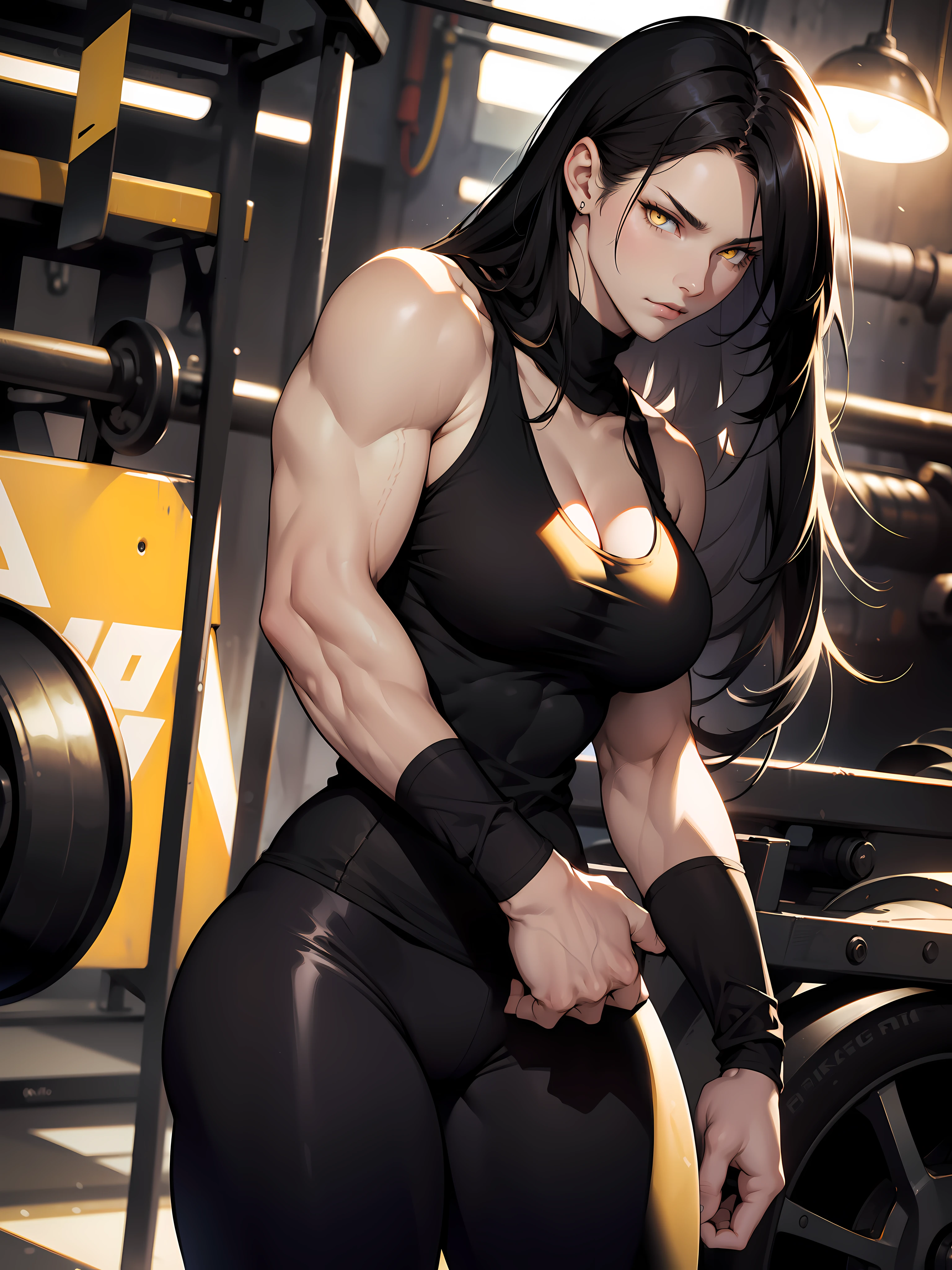 black hair, extremely long hair, yellow eyes, pale skin, muscular, large breasts, thick thighs, mad, leggings, tank top, blurry background, tall