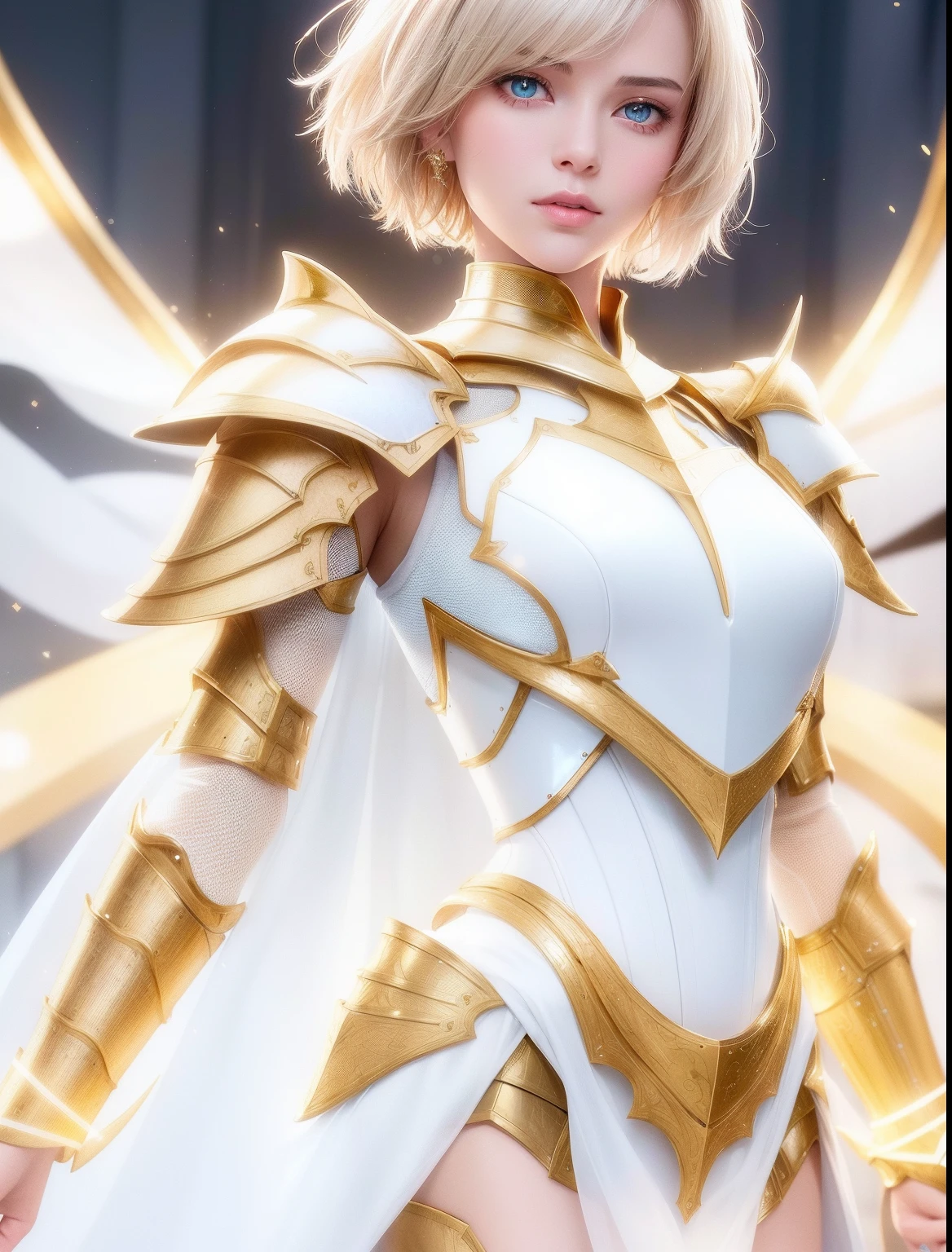 ((beauty slim shape)) perfect skin and perfect beauty face, hyperrealistic masterpiece, (((in extremely complex & superdetailed paladin armor))), cinematic illumination: 8k, symmetrical eyes, realistic, sharp focus, HD, highly detailed, intricate, photography, hyperrealism, hyperrealistic, film, studio portrait, detailed, dramatic lighting, maximum definition and sharpness, (((highly detailed external glowing lighting))), (((short hair)))