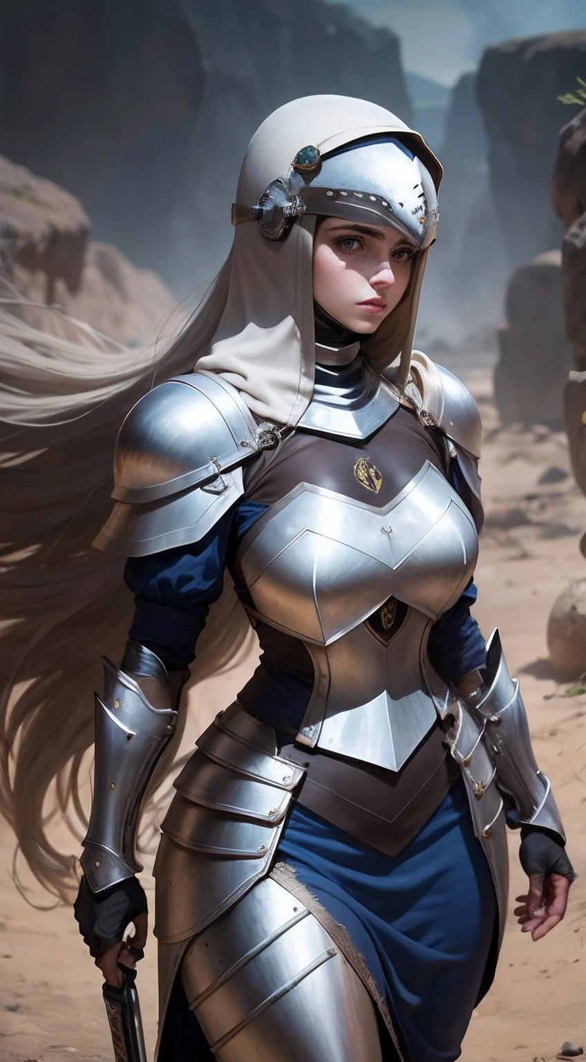 Uma mulher de armadura de cabelos curtos. Ela usa um vestido longo e duas adagas.