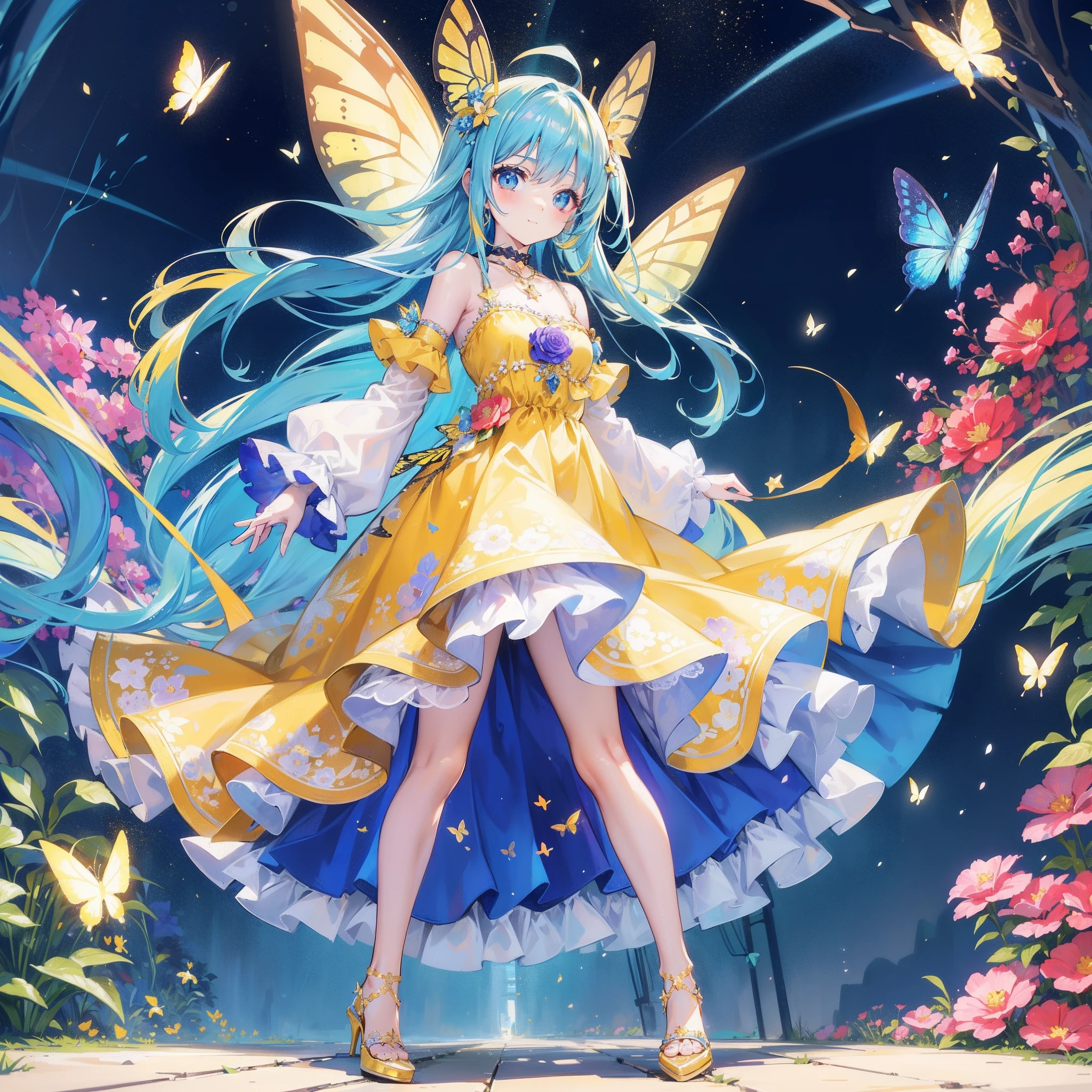 1GIRL,(top-quality:1.4、8K Super Detail CG Wallpapers)、(cute young girl、blue shiny eyes and long thick yellow hair:1.2), (red huge dress,golden high heels、with floral pattern:1.2)、over the shoulder view、pastel lively back alley in background,rainbow ballons,butterflies,pixie dust,masterpeace,happy face,happy smile,necklace,star choker,standing,long yellow dress,butterfly wings.