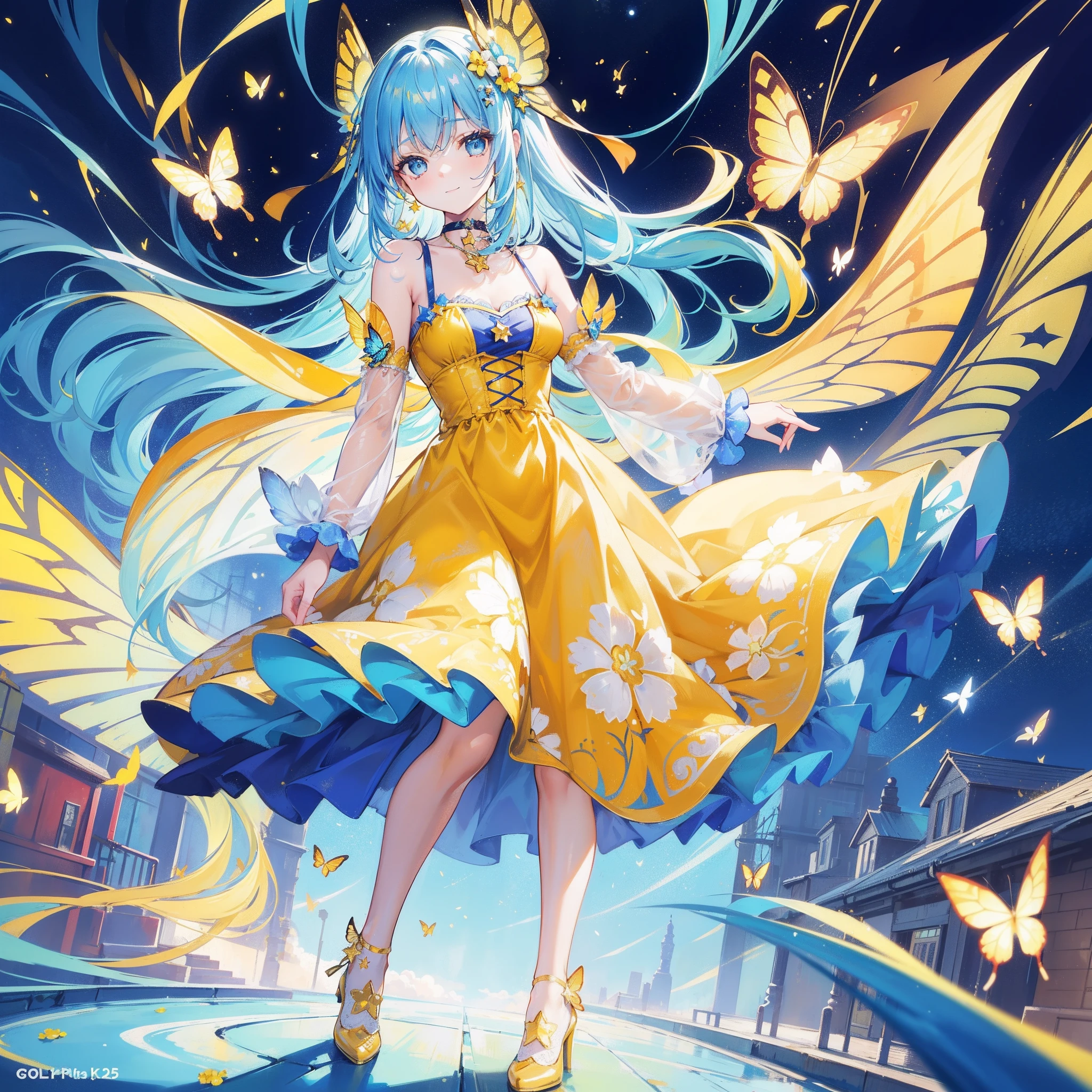 1GIRL,(top-quality:1.4、8K Super Detail CG Wallpapers)、(cute young girl、blue shiny eyes and long thick yellow hair:1.2), (red huge dress,golden high heels、with floral pattern:1.2)、over the shoulder view、pastel lively back alley in background,rainbow ballons,butterflies,pixie dust,masterpeace,happy face,happy smile,necklace,star choker,standing,long yellow dress,butterfly wings.