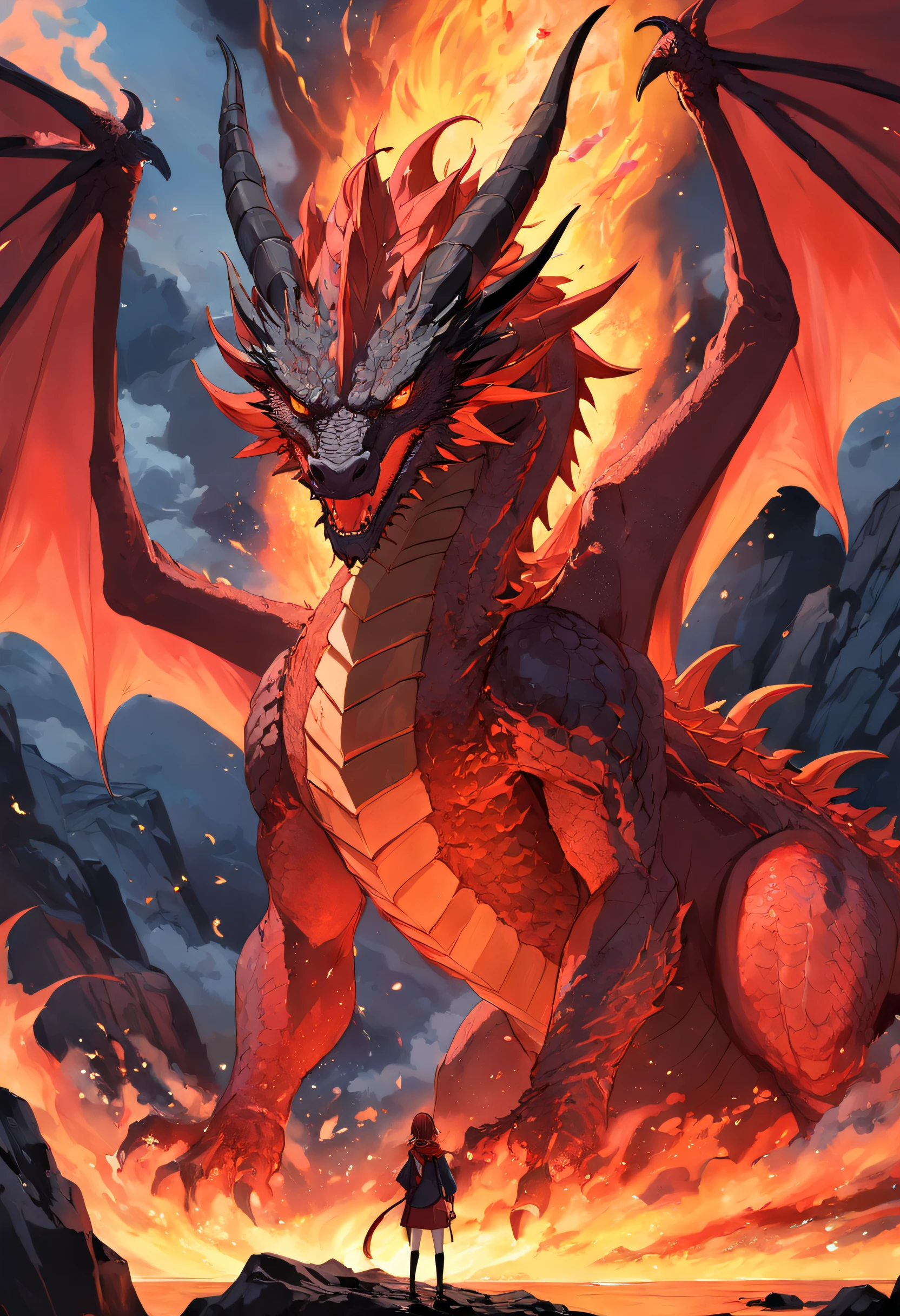 In the heart of a raging volcano, A magnificent vision unfolds. A majestic red dragon emerges from the burning depths, suas escamas cintilam com um calor intenso. The dragon's wings extend wide, projetando uma sombra sobre a lava derretida abaixo. Seus olhos, Brilhando como brasa, They exude a sense of power and wisdom. The intricate details of its scales and the sharpness of its claws are a testament to its strength and beauty. The flames that dance around your body create a mesmerizing display of light and color. This artwork captures the awe-inspiring presence of a red dragon in the middle of a volcanic eruption, uma verdadeira obra-prima que combina os elementos do mito e da natureza.  --ar 1:1--V 5.1