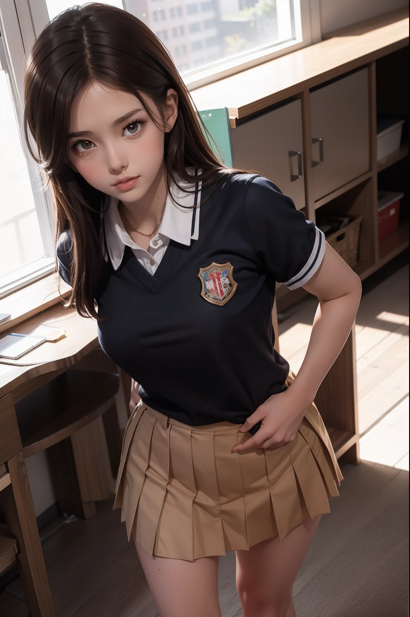 A girl standing and wearing a school uniform, brown hair, perfect body figure, beautiful & sexy
