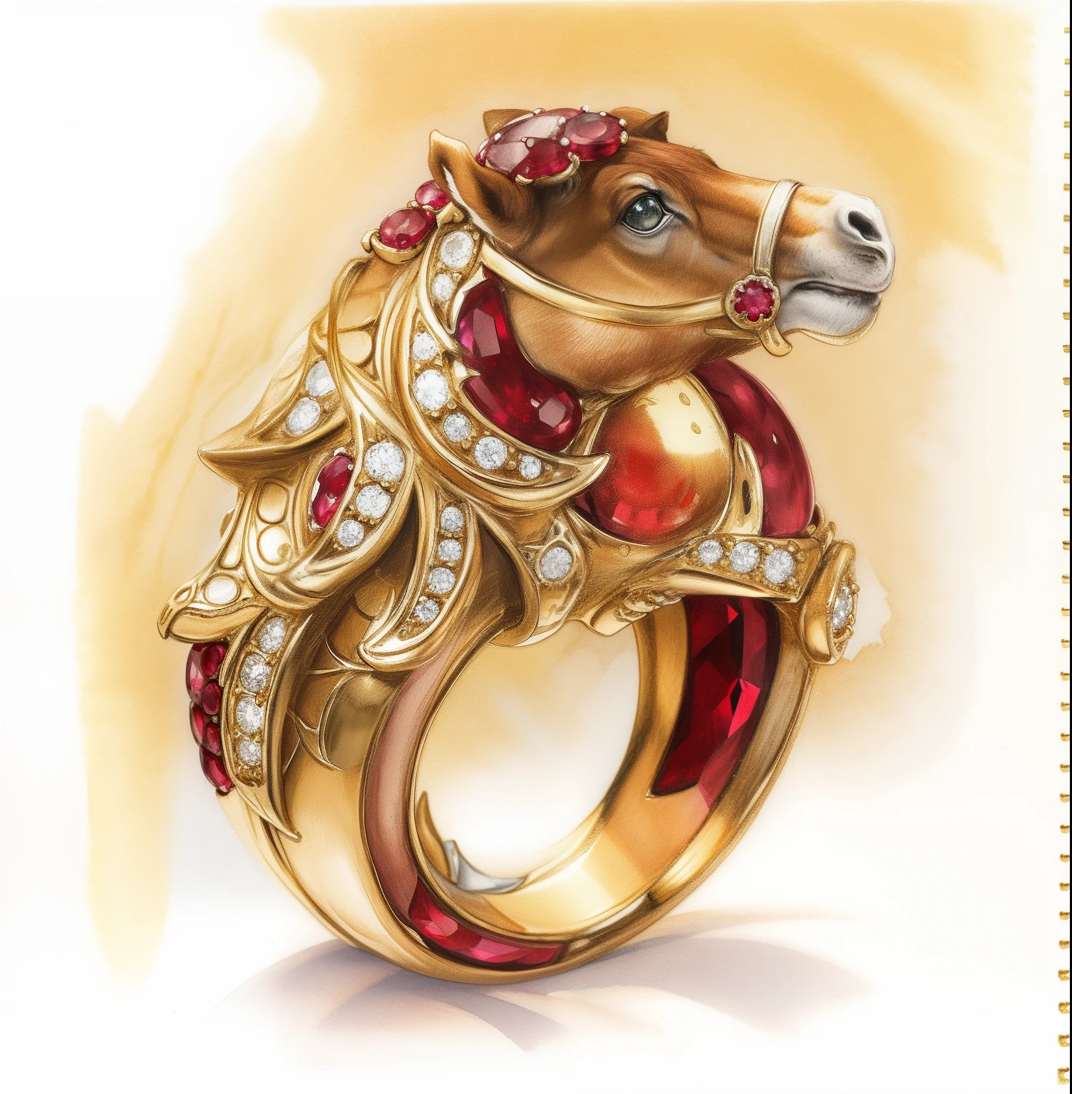 (Horse gold ring)Set with round rubies,diamond,Sketch,aquarelle