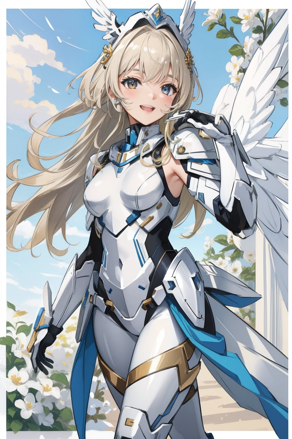 (​master piece, Best Quality),  Intricate details, valkyrie, kawaii, Happy, (((Laugh))), Villainous smile, Hand up, Looking at Viewer, Feather Headgear, Flower meadow, flat breast
1 girl in, Solo, Portrait, Plutinum Blonde Hair, drooping silver eyes, Silver Single Thigh, White Independent Single Sleeve, gloves, Single braid, 
 mecha musume, White bodysuit, Silver Reinforced Suit, Mini Feather Wings, silver pantyhose, full armor, flower decoration, equip sword,