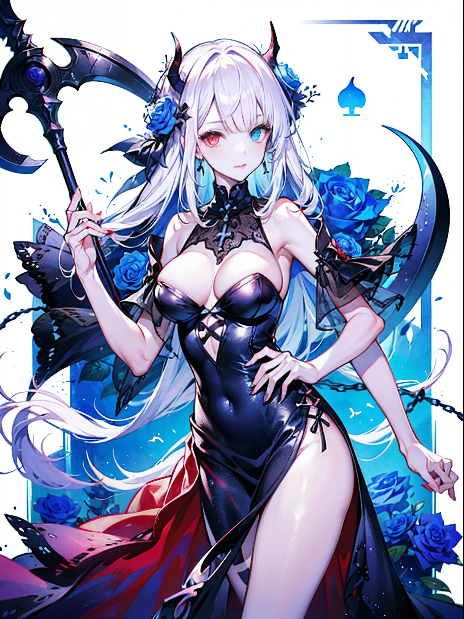 Evil white-haired demon, Chain scythe, Sexy Outfit, Heterochromia eye, Black, Red Moon and Blue Roses, Fantasy background