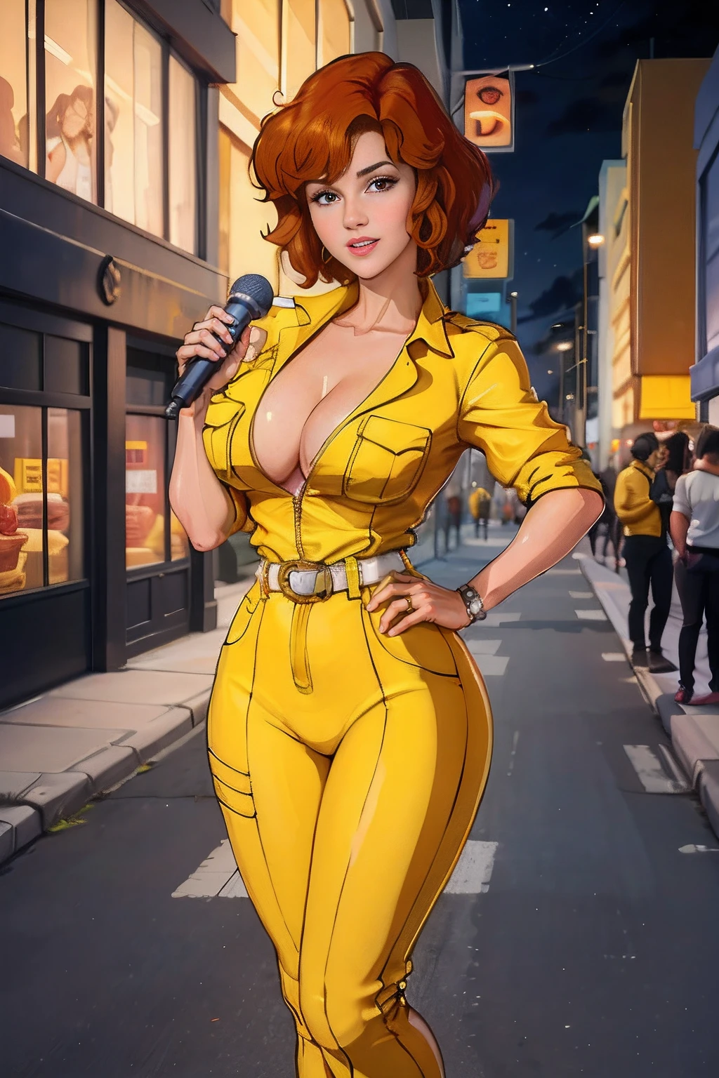 Disparo de vaquero, Abril O'Neil waifu, 1980s \(estilo\), 1 mujer, brown hair, Pelo rojo,pelo corto,cabello naranja,sonrisa, Estilo de arte retro, pelo corto, solamente,Holding the microphone with your hands, mujer reportera television,Speaking into the microphone, traje de jersey amarillo, white belt,traje de jersey en las caderas amarillo, (desnudo_senos: 1.2), Medio_senos, escote, ojos hiperrealistas, Hermosos ojos,ojos detallados, cara realista, mujer bella mujer, fondo realista,Calle urbana, Luces nocturnas de la calle, Amazing lights, amazing background,mike, mike, Reportero de TV, Espectaculares luces nocturnas urbanas, retrato de cuerpo entero, posing with microphone in hand