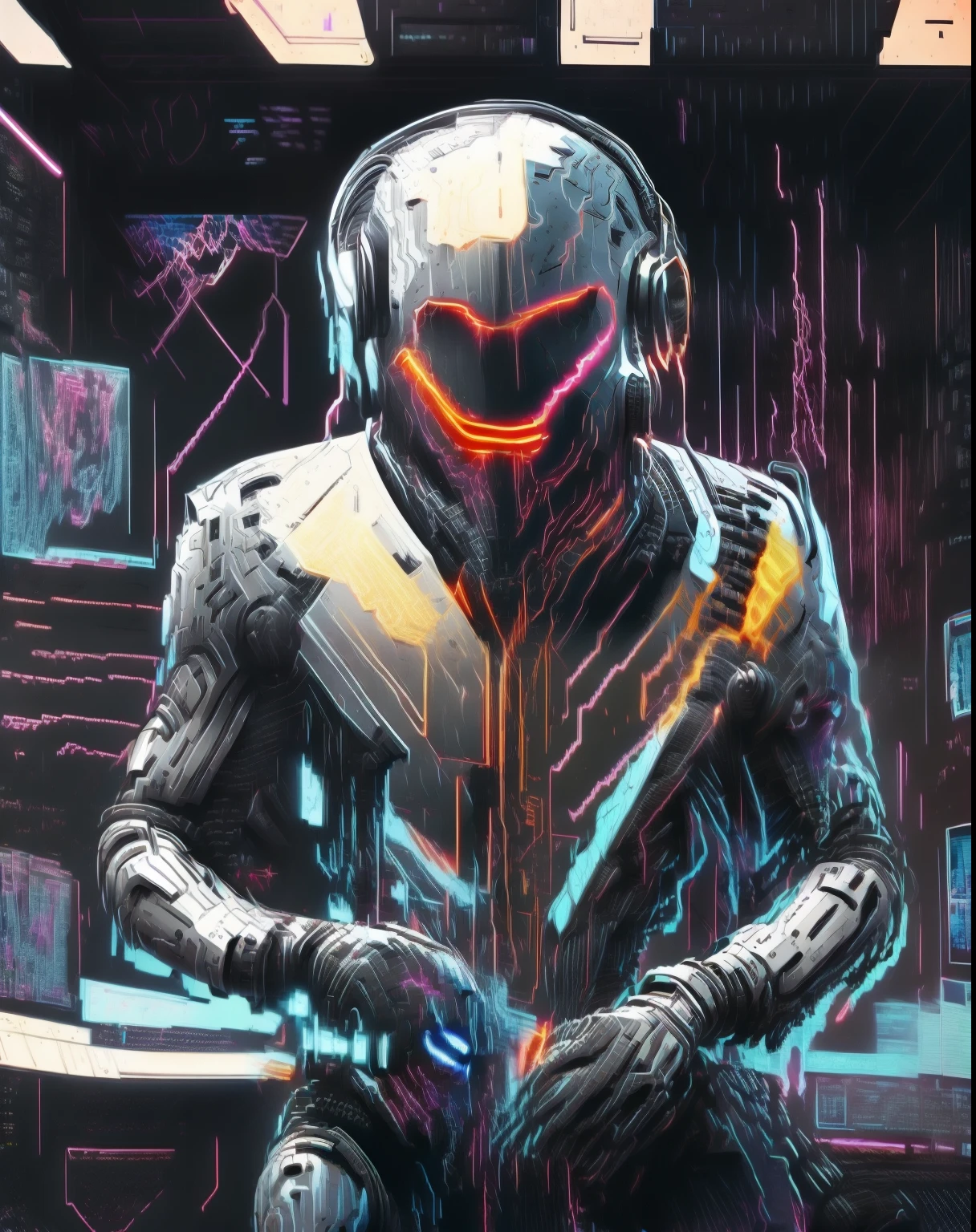 arafed image of a man in a suit and headphones playing a music instrument, synthwave art, synthwave art style ]!!, synthwave image, synthwave style, synthwave digital art, synthwave art style, synthwave, cyber songman, [ synthwave art style ]!! ]!!, [ synthwave art style ]!!, (synthwave)