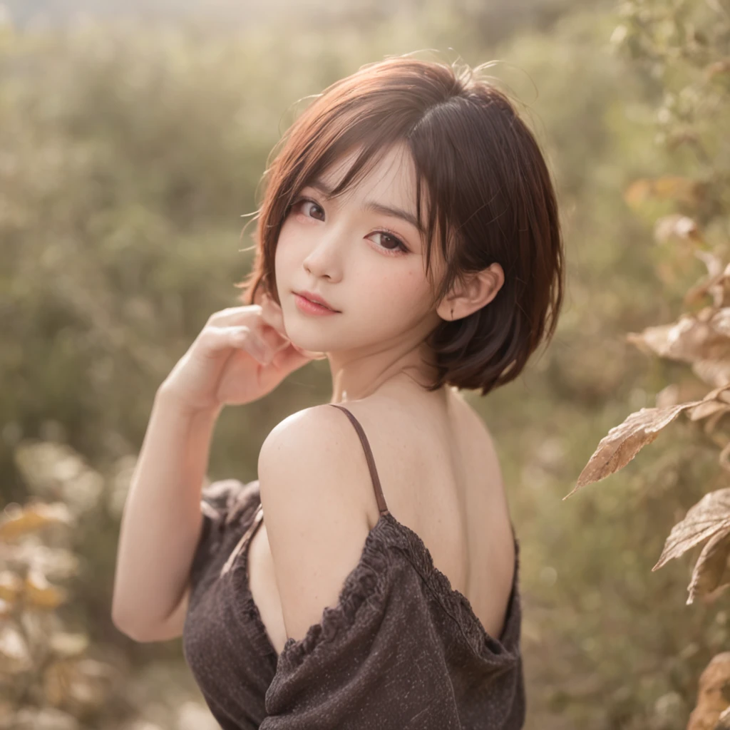 Prone、bet、angry looking face、Small eyes、Short hairstyle、Little fat woman、20yr old、A dark-haired、hide the chest with your hands、seminude、Autumn landscape、Hair illuminated by the sun、hitornfreckles、tiny chest、Round butt、Camisole、buttocks sticking out of underwear