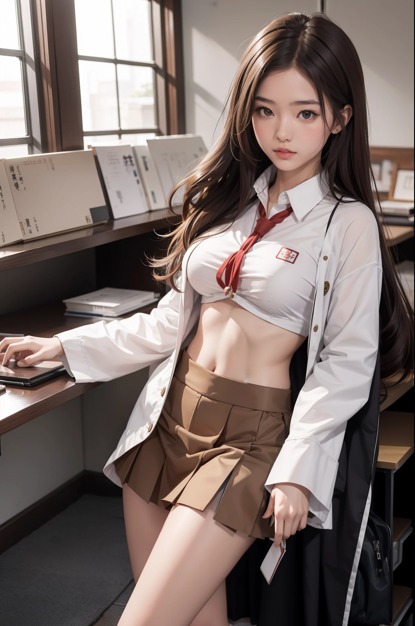 A girl standing and wearing a Japanese school uniform, brown hair, perfect body figure, beautiful & sexy