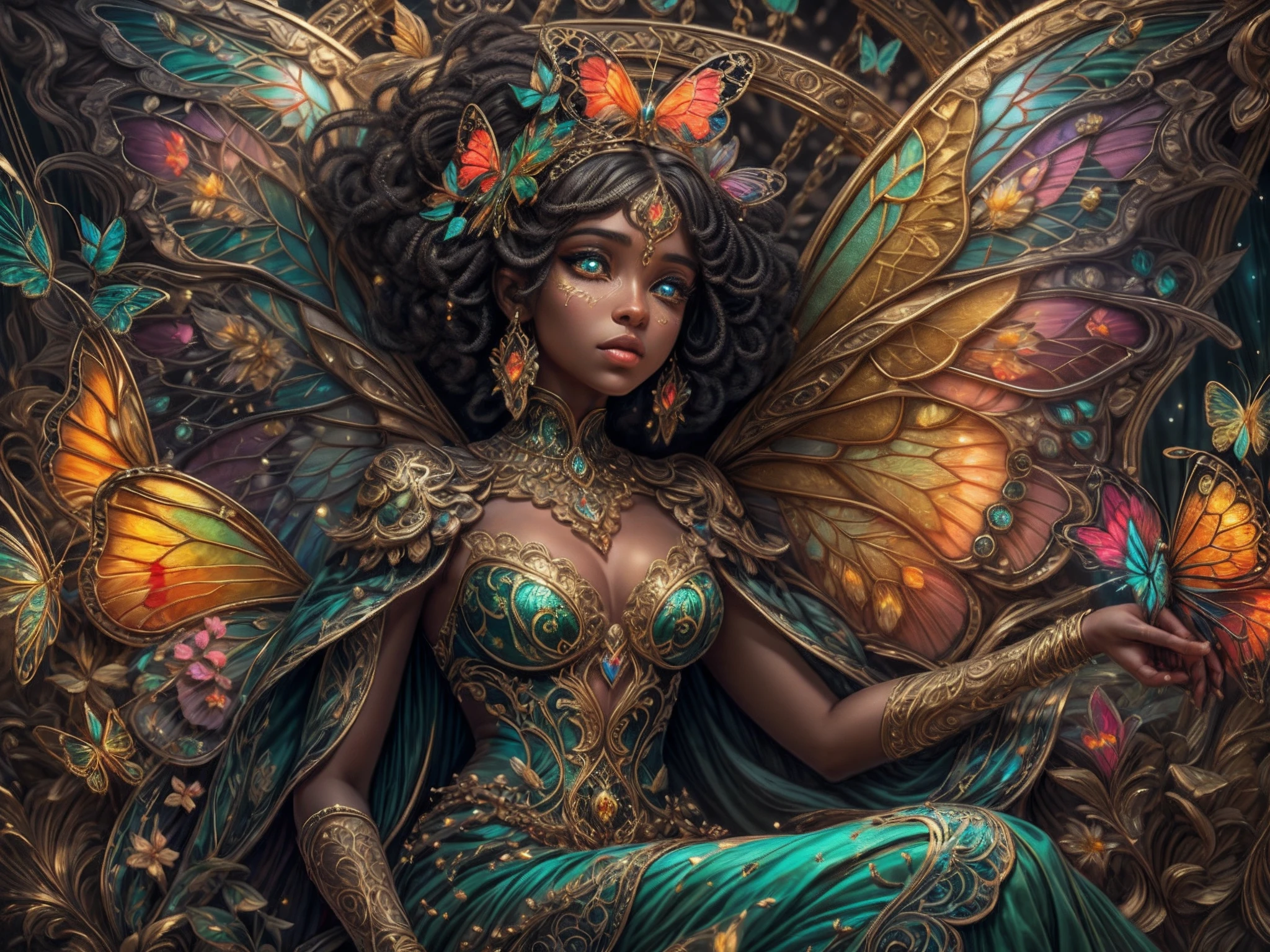 This is an elegant and ornate fantasy masterpiece with a lot of shimmer, glitter, and intricate ornate detail. Generate a petite Jamaican woman resting on a gilded and flowered garden swing at night. Her eyes are ultra-detailed with intricate realistic shading and bold, bright hues. She is a beautiful and seductive butterfly queen with stunning curly black hair, (((incredibly realistic and detailed dynamic eyes in bright colors with realistic shading))). She wears a delicate and elegant crown and a gown spun from luxurious gossamer silk and satin with subtle, intricate, and hand-embroidered bodice detailing as well as subtle floral detailing and gold silk butterfly sleeves. Her face is lovely and lonely. Include glow-in-the-dark flowers, lots of particles, highly realistic fantasy butterflies with translucent jewel-toned wings and fine detailing, and glow. The artwork is done in the style of Guviz and brings to mind masters in the genre such as trending fantasy works on Artstation and Midjourney. Camera: Utilize dynamic composition techniques to emphasize etherealness and delicate detail. The colors in this artwork are saturated, romantic, and rich.