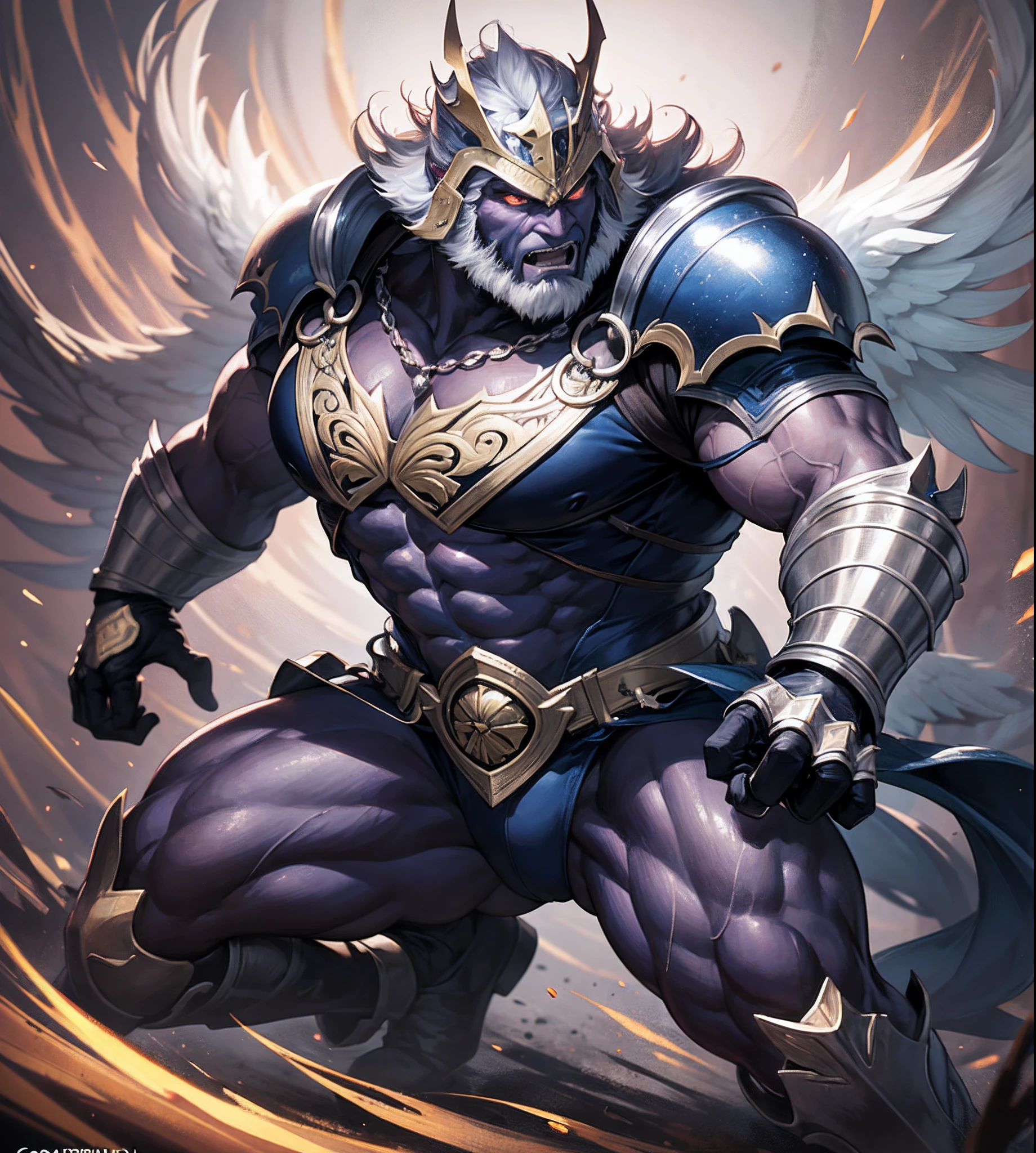 Corpo inteiro Bonito e lindo final fantasy estilo coelhinho corredor com pele, macho, clean and very detailed faces and hands, roupas intrincadas, analogous colors, sombras brilhantes, beautiful gradient, profundidade de campo, imagem limpa, alta qualidade, High detail, High definition, Luminous Studio graphics engine. .....King Blade is a muscular and imposing figure, standing at 7 feet and weighing over 300 pounds of pure muscle. He has piercing blue eyes that glow with confidence and a robust, square jawline. Your skin is a deep shade of navy blue, que complementa sua armadura e capa preta e prateada. Ele tem garras e dentes afiados, which he uses as weapons when necessary. The wings of the King Blade are made of metal, que ele pode usar para voar e se defender de ataques. --auto --s2