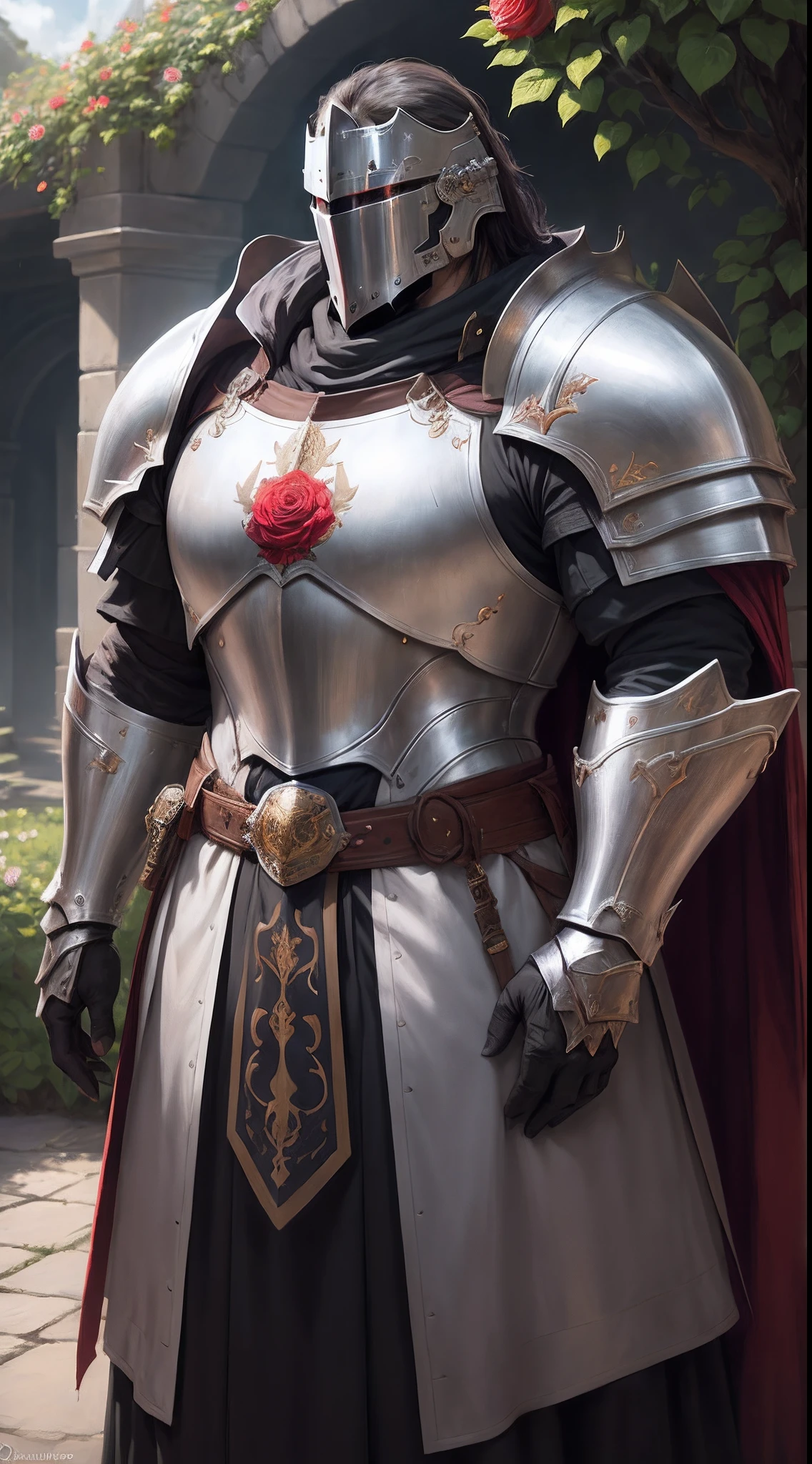 Original Character, Fantasy Concept Art, Volumetric Lighting, Best Shadows, Shallow Depth of Field, Portrait Of Noble Knight Man, Dignified, Delicate Tactical Heavy Armor, Opaque Visor, Face Armor, Pauldrons, Tasset Belt, Gauntlet, Poleyn, High Quality Armor Texture, Broad Shoulders, Extremely Tall. Sword Scabbard, Standing Tall, Crossed Arms, Looking At Viewer, Glaring Sunlight, Rose Garden, Rose Thornbush, (Highest Quality, Amazing Details:1.25), (Solo:1.3), Brilliant Colorful Paintings