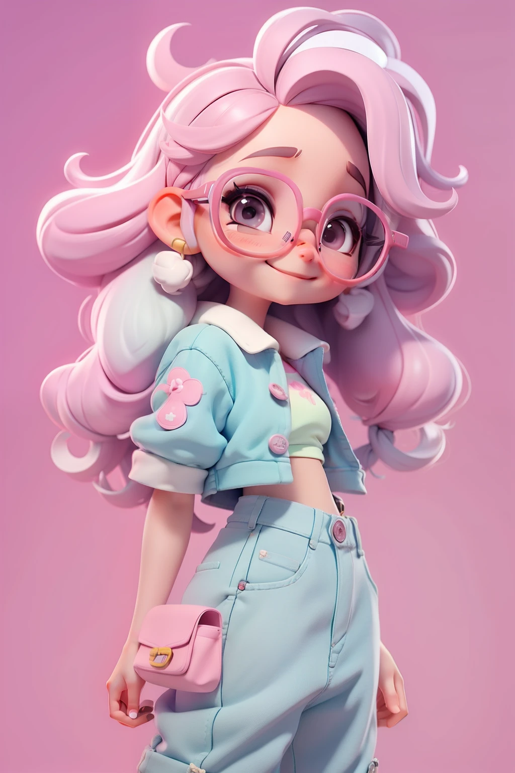 Loli nerd fofa, Eyeglasses, menina meiga, olhos delicados, cabelo moreno e preso, tom pastel, Pants, moletom, sorriso delicado, fundo simples e branco