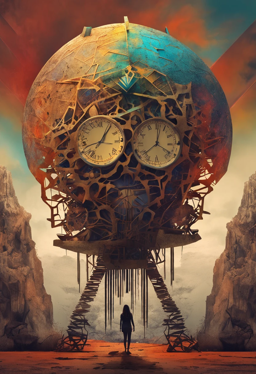 (abstrair:1.2) Jovem Mulher Composta de (geometrical forms:1.2), transformando-se em um (zdzislaw beksinski) style clock,