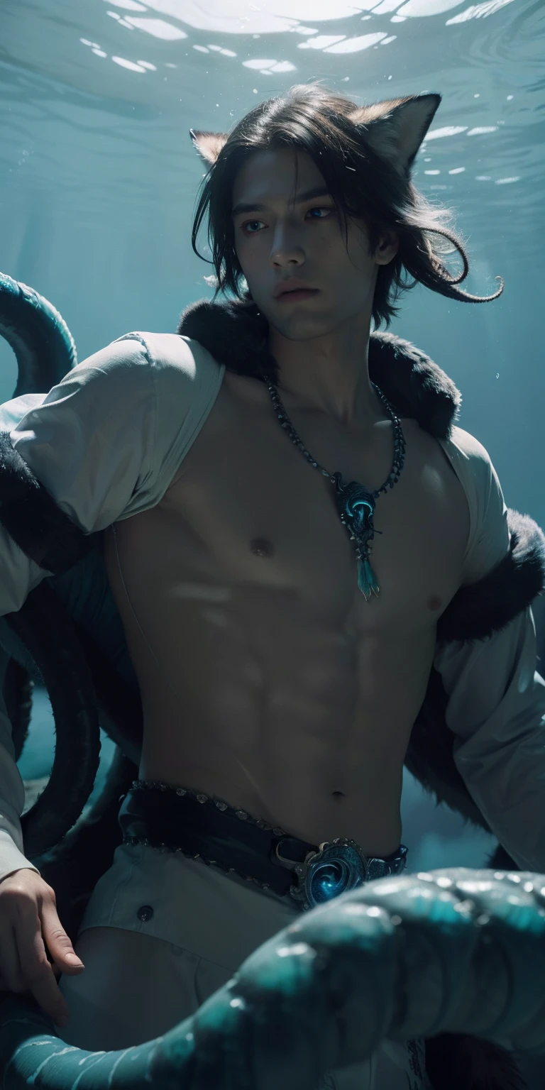 best quality, masterpiece, (photorealistic:1.4), 2boy ,  shirt with collars, waist up, dramatic lighting, from below , nine tail fox,Turquoise fur, blue eyes, shell necklace,9 tails made of large green tentacles, underwater background, glowing eyes