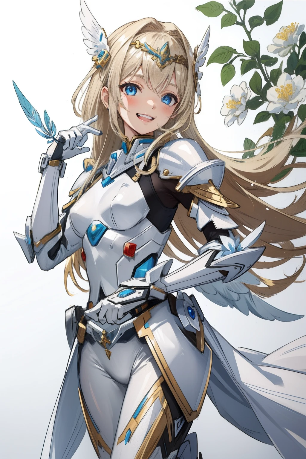 (master piece, Best Quality), Intricate details, valkyrie, kawaii, Happy, (((Laugh))), Villainous smile, Hand up, Looking at Viewer, Feather Headgear, Flower meadow, flat breast
1 girl in, Solo, Portrait, Plutinum Blonde Hair, drooping iceblue eyes, Silver Single Thigh, White Independent Single Sleeve, gloves, Single braid,
mecha musume, White bodysuit, Silver Reinforced Suit, Mini Feather Wings, silver pantyhose, full armor, flower decoration, equip sword,