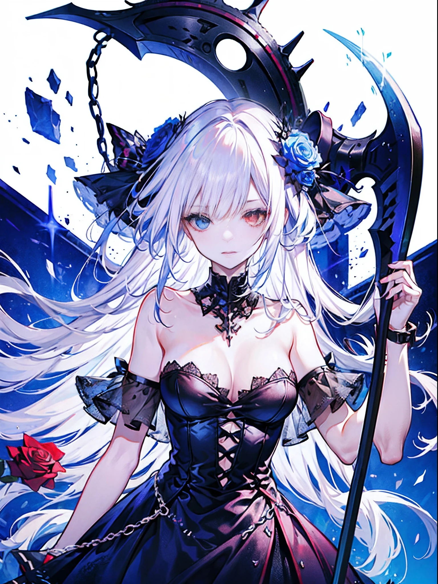 Evil white-haired demon, Chain scythe, Sexy Outfit, Heterochromia eye, Black, Red Moon and Blue Roses, Fantasy background
