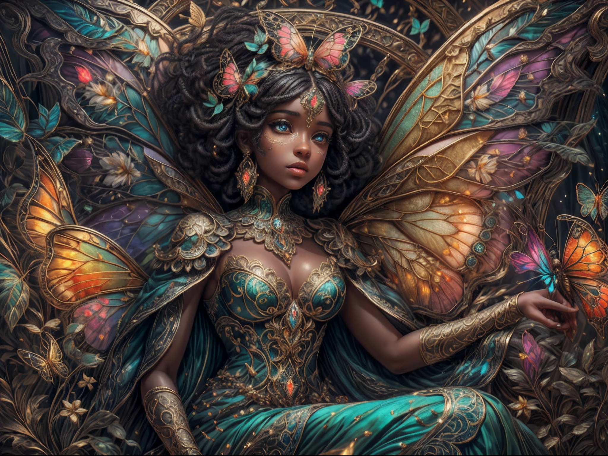 This is an elegant and ornate fantasy masterpiece with a lot of shimmer, glitter, and intricate ornate detail. Generate a petite Jamaican woman resting on a gilded and flowered garden swing at night. Her eyes are ultra-detailed with intricate realistic shading and bold, bright hues. She is a beautiful and seductive butterfly queen with stunning curly black hair, (((incredibly realistic and detailed dynamic eyes in bright colors with realistic shading))). (((Her eyes are important and are clearly defined and perfectly formed, with intense detail and highly realistic shading.))) She wears a delicate and elegant crown and a gown spun from luxurious gossamer silk and satin with subtle, intricate, and hand-embroidered bodice detailing as well as subtle floral detailing and gold silk butterfly sleeves. Her face is lovely and lonely. Include glow-in-the-dark flowers, lots of particles, highly realistic fantasy butterflies with translucent jewel-toned wings and fine detailing, and glow. The artwork is done in the style of Guviz and brings to mind masters in the genre such as trending fantasy works on Artstation and Midjourney. Camera: Utilize dynamic composition techniques to emphasize etherealness and delicate detail. The colors in this artwork are saturated, romantic, and rich.