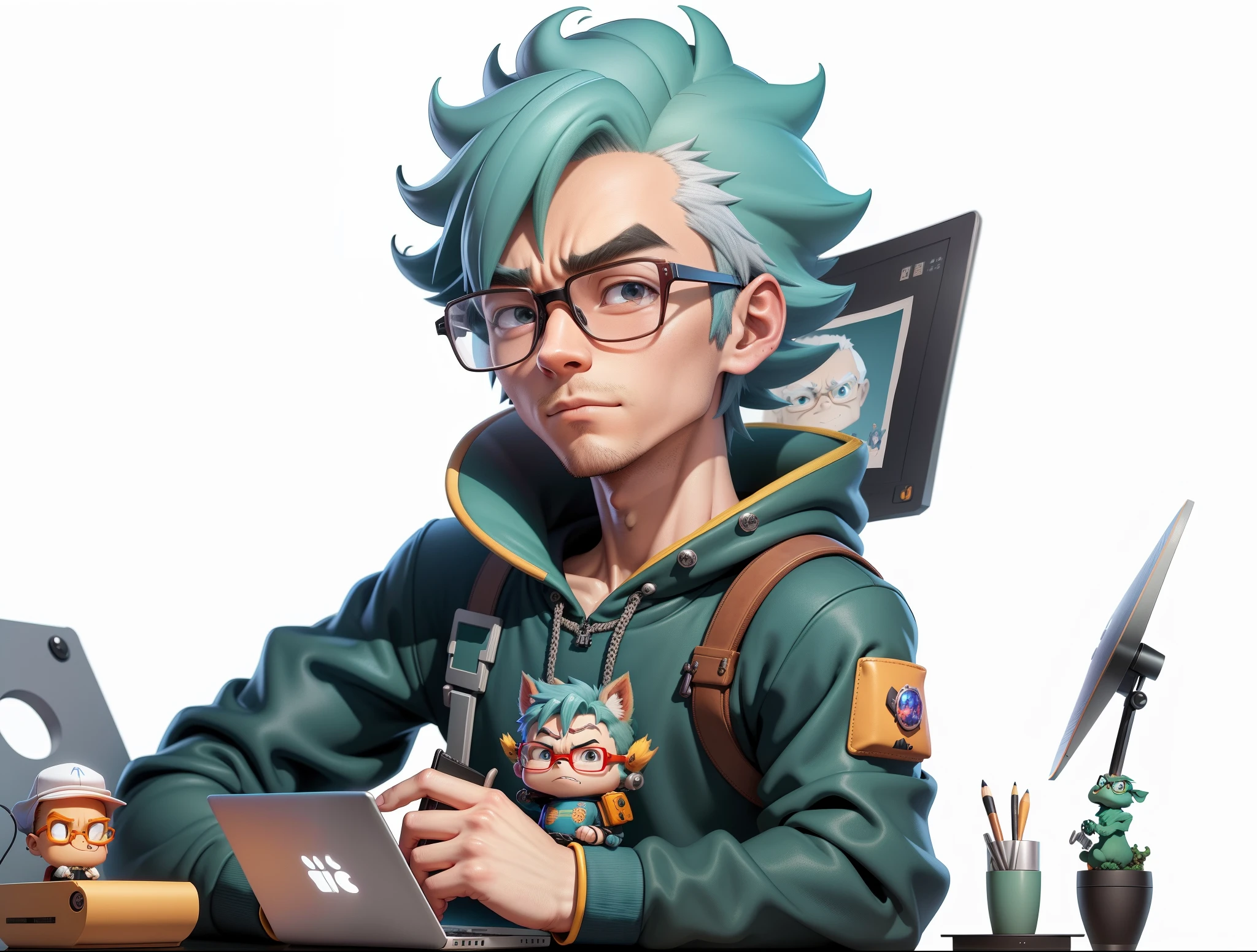 A young man with glasses sits at his desk，holding laptop，digitial painting，3D character design by Mark Clairen and Pixar and Hayao Miyazaki and Akira Toriyama，4K HD illustration，Very detailed facial features and cartoon-style visuals。