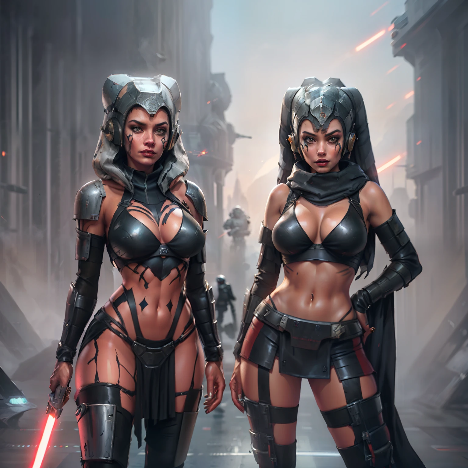 Twi'lek warrior wearing a full suit of black body armor, naked, ((red skin), twi'lek), Sith Warrior, dual red lightsabers, evil space knight, space ninja, (wearing black stealth armor, breastplate, tunic, tabard, cowl, cloak, body glove, straps, buckles, long skirts, long sleeves, ((armor))), ((busty), slender body, thin, athletic, long legs, toned legs, Imperial warship, Star Wars,