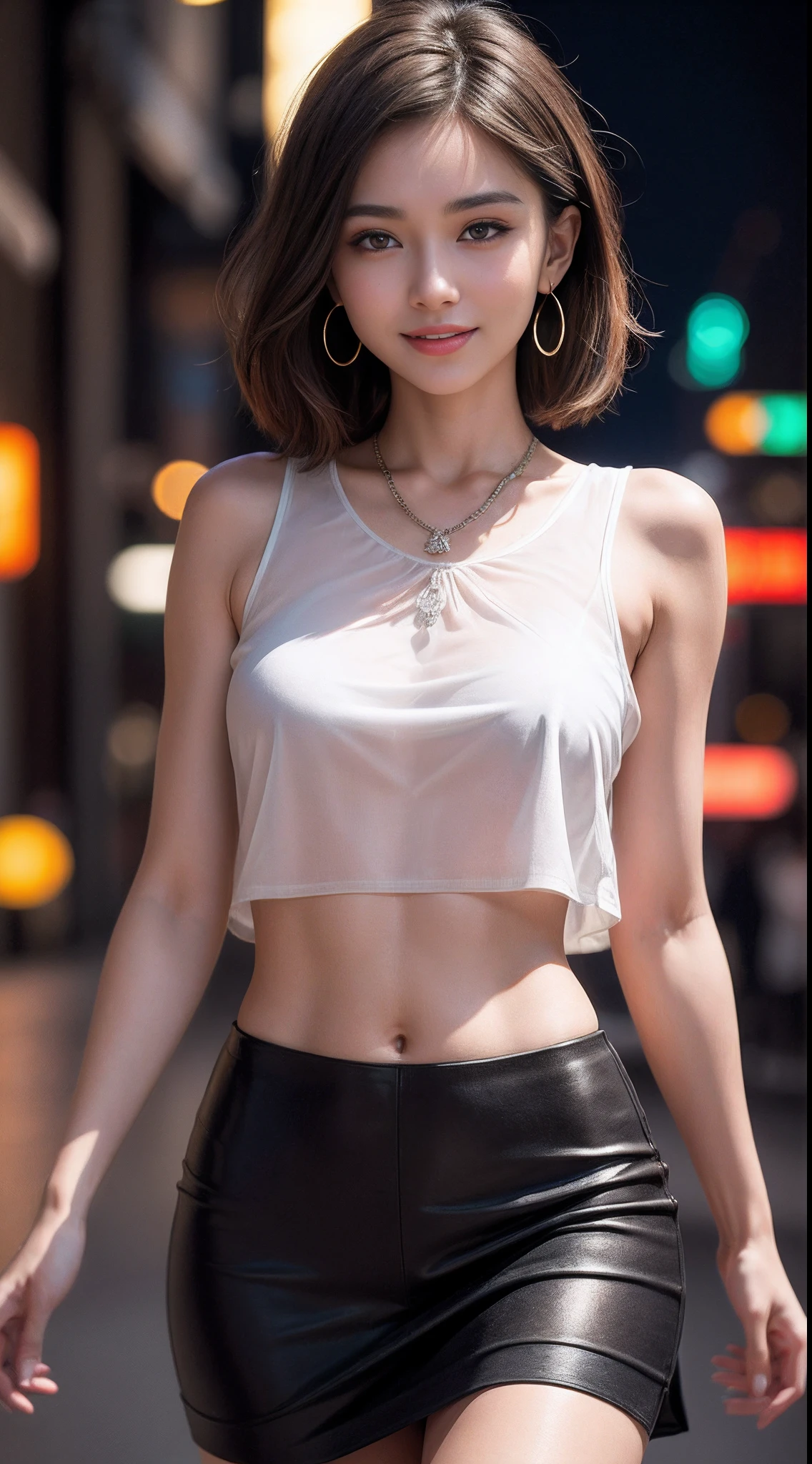 8k, masterpiece, RAW photo, best quality, photorealistic, extremely detailed CG unity 8k wallpaper, Depth of field, Cinematic Light, Lens Flare, Ray tracing, (extremely beautiful face, beautiful lips, beautiful eyes), intricate detail face, ((ultra detailed skin)) 1girl, in the dark, deep shadow, pretty asian girl, 1 girl, (very slim slender fit-muscled body:1.3), ((looking at viewer)),(big smile:1.3), (fashion city night, dark night, (neon sign), (blurred background), street night),(without people in the background:1.3), beautiful earrings, bracelets, necklace, pantyhose, clear eyes, (pale skin), (big eyes), face forward, ((upper body shot)), (looking at viewer:1.3) very slim, medium breasts, (Ultra-realistic, gazing at viewer, short skirt, (hight resolution), (8K), (ighly detailed), (Brown hair, short-hair), (Woman in red short sleeveless blouse, Show the navel), (see through blouse), (Slim body), open breasts, short silk skirt