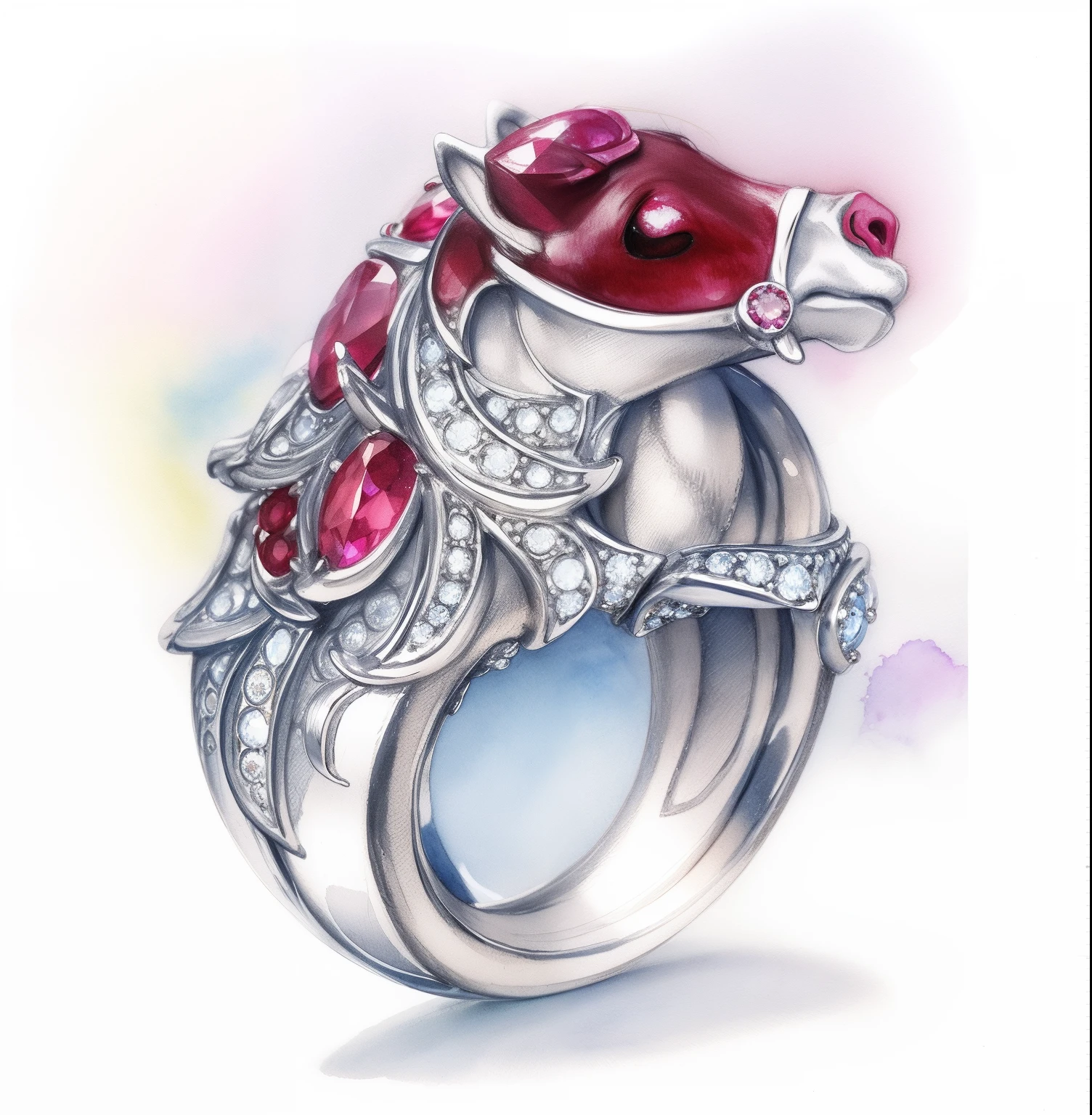 Horse white gold ring,Round rubies,diamond,Sketch,aquarelle