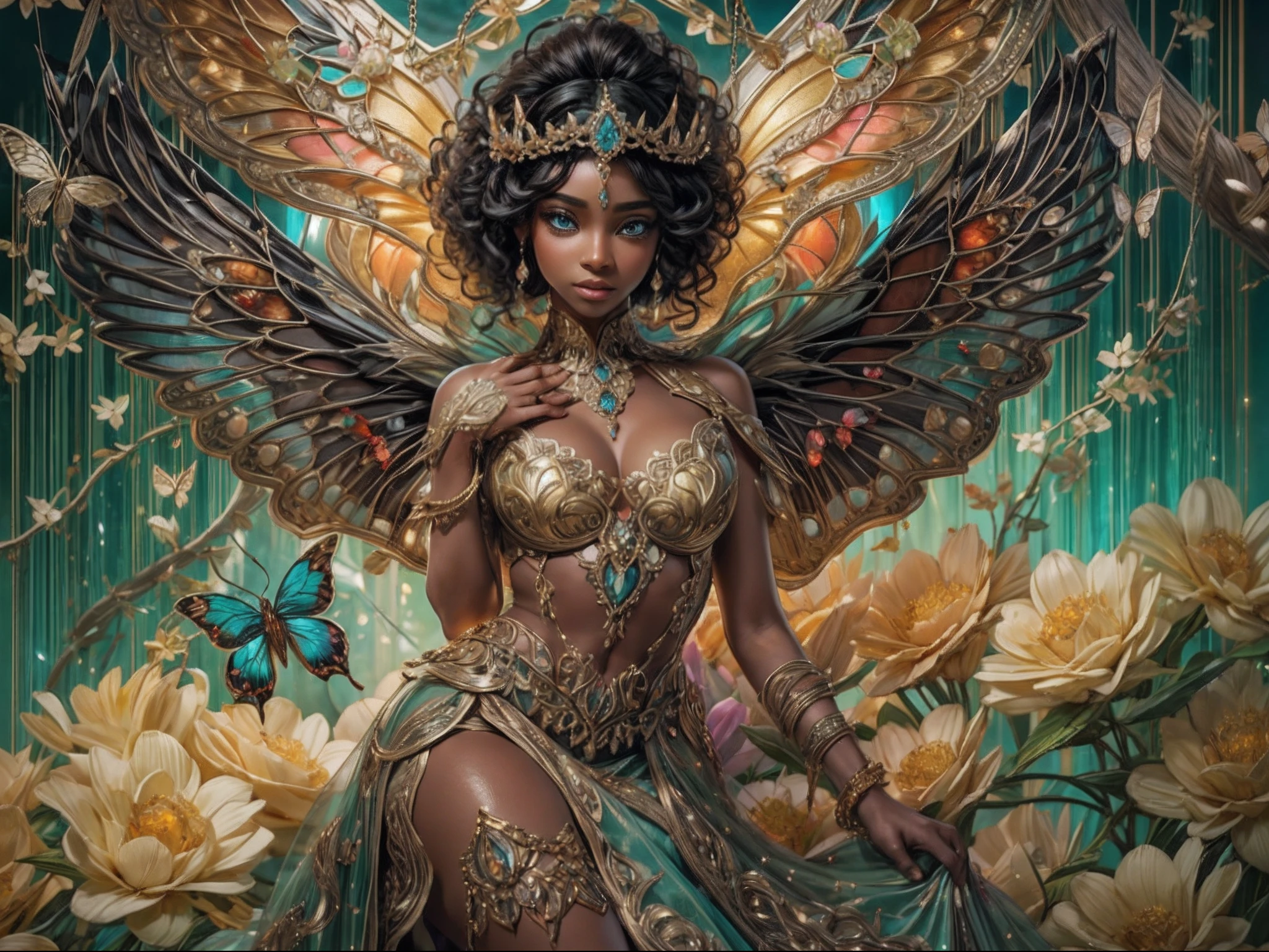 This is an elegant and ornate fantasy masterpiece with a lot of shimmer, glitter, and intricate ornate detail. Generate a petite Jamaican woman resting on a gilded and flowered garden swing at night. Her eyes are ultra-detailed with intricate realistic shading and bold, bright hues. She is a beautiful and seductive butterfly queen with stunning curly black hair, (((incredibly realistic and detailed dynamic eyes in bright colors with realistic shading))). ((((Her eyes are important and must be distinct, clearly defined, and beautifully detailed with lots of intense detail and realistic shading.)))) She wears a delicate and elegant crown and a gown spun from luxurious gossamer silk and satin with subtle, intricate, and hand-embroidered bodice detailing as well as subtle floral detailing and gold silk butterfly sleeves. Her face is lovely and lonely. Include glow-in-the-dark flowers, lots of particles, highly realistic fantasy butterflies with translucent jewel-toned wings and fine detailing, and glow. The artwork is done in the style of Guviz and brings to mind masters in the genre such as trending fantasy works on Artstation and Midjourney. Camera: Utilize dynamic composition techniques to emphasize etherealness and delicate detail. The colors in this artwork are saturated, romantic, and rich.