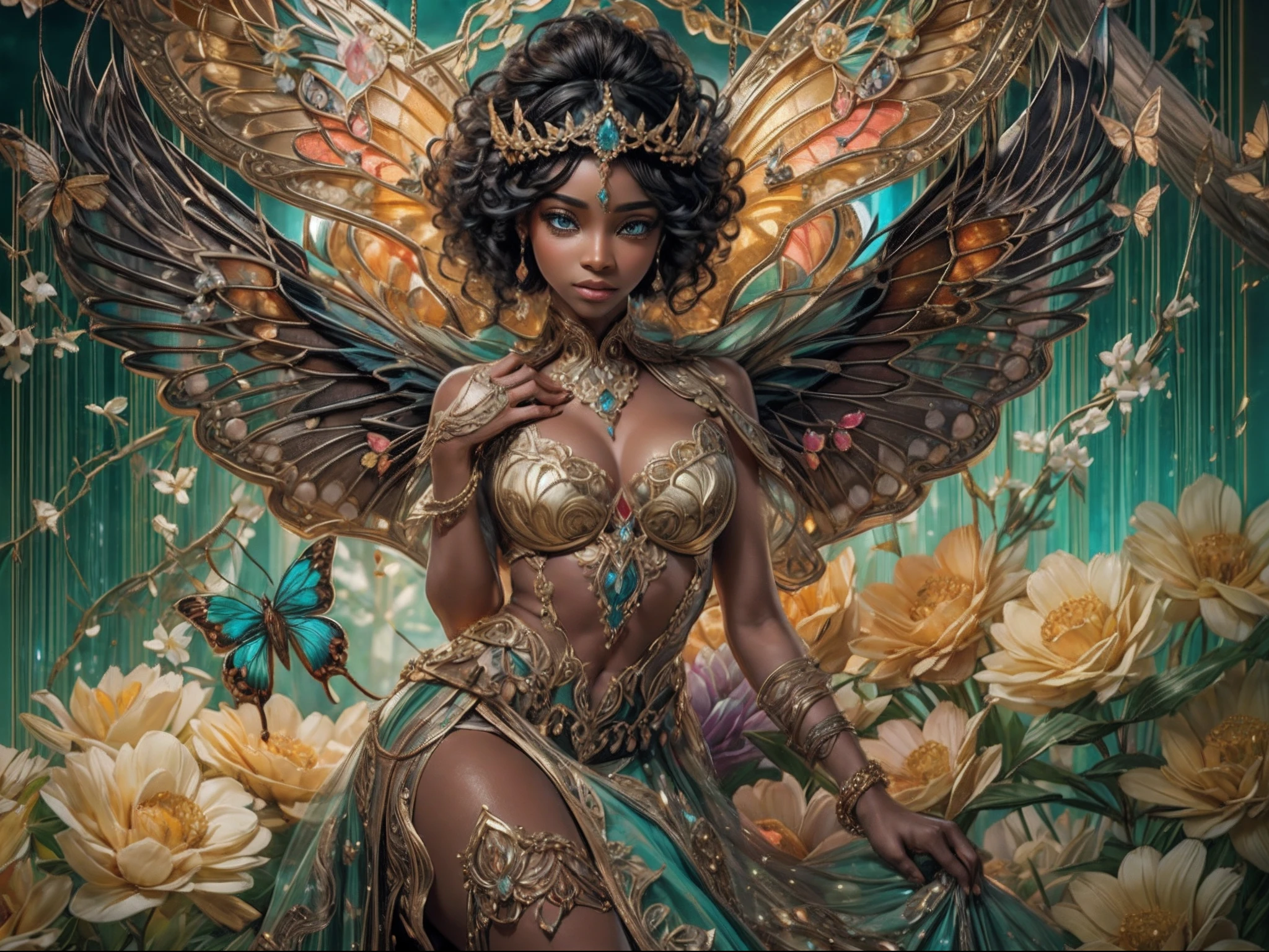 This is an elegant and ornate fantasy masterpiece with a lot of shimmer, glitter, and intricate ornate detail. Generate a petite Jamaican woman resting on a gilded and flowered garden swing at night. Her eyes are ultra-detailed with intricate realistic shading and bold, bright hues. She is a beautiful and seductive butterfly queen with stunning curly black hair, (((incredibly realistic and detailed dynamic eyes in bright colors with realistic shading))). ((((Her eyes are important and must be distinct, clearly defined, and beautifully detailed with lots of intense detail and realistic shading.)))) She wears a delicate and elegant crown and a gown spun from luxurious gossamer silk and satin with subtle, intricate, and hand-embroidered bodice detailing as well as subtle floral detailing and gold silk butterfly sleeves. Her face is lovely and lonely. Include glow-in-the-dark flowers, lots of particles, highly realistic fantasy butterflies with translucent jewel-toned wings and fine detailing, and glow. The artwork is done in the style of Guviz and brings to mind masters in the genre such as trending fantasy works on Artstation and Midjourney. Camera: Utilize dynamic composition techniques to emphasize etherealness and delicate detail. The colors in this artwork are saturated, romantic, and rich.