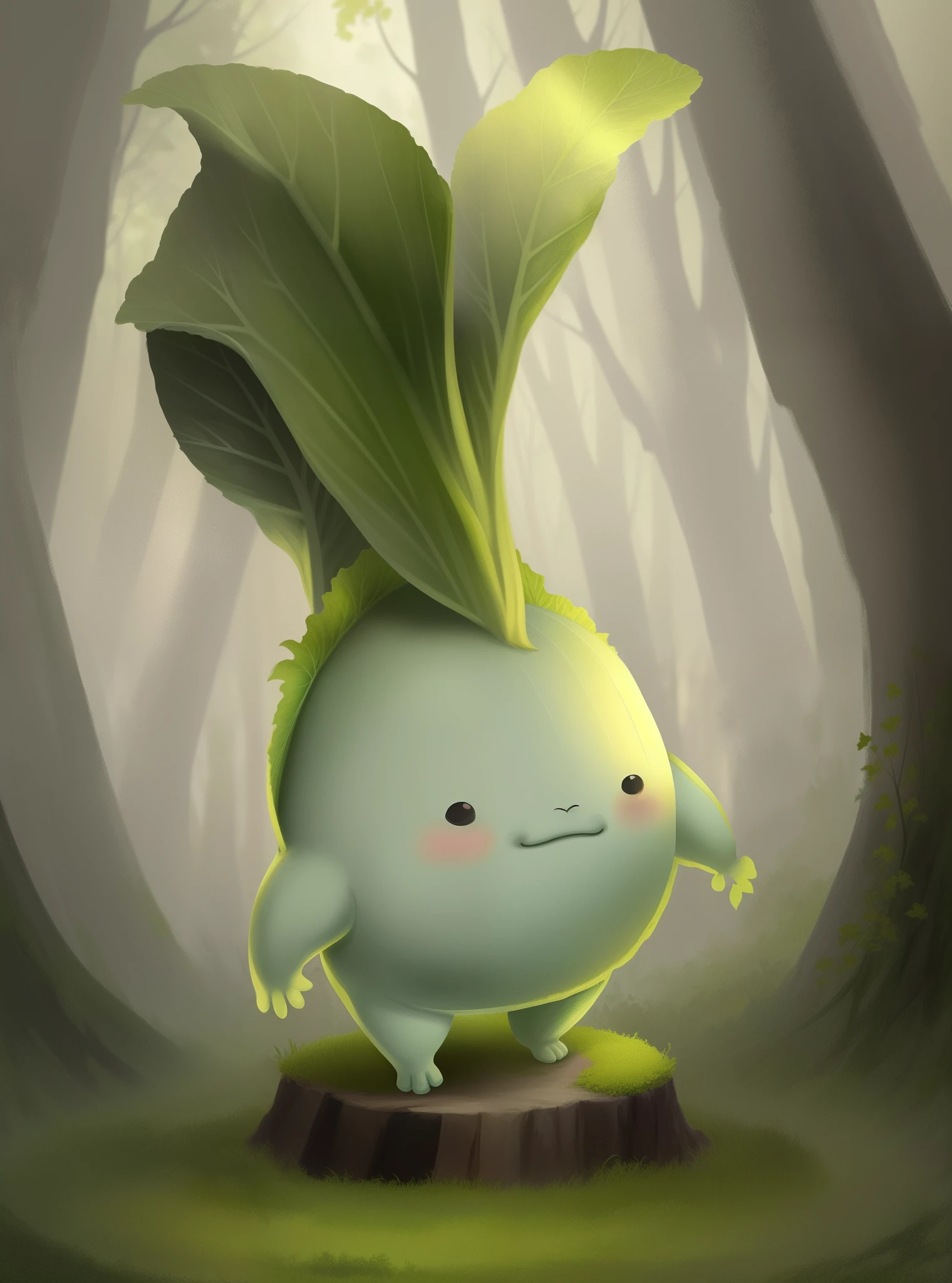 a cartoon of a cabbage with a leafy head and a face a cute plant monster plants a cute creature without expressiveness a vegetable pet he is in a forest an illustration of a cute pet for a medieval RPG in the background of the image he is in a magical forest with blue sky