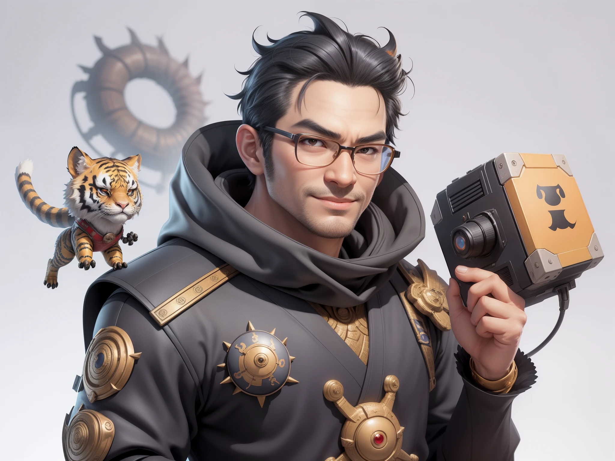 (Masterpiece), (Excellent), (Super Meticulous), (Full Body: 1.2), Super Young Man with Japanese Female Geisha, Pretty, Beautiful, Chinese Dragon, Tiger, Wind God Thor, Sexy, Bursting, Oriental Face, TV Anchor, Bust Portrait Illustration, Black Suit, Blue Tie, Slightly Chubby Face, Silver Glasses, Very Clean Face, No Beard on Chin, Black Super Short Hair, Black Eyes, Confident Smile, 3c Computer Sub-Products, iPad, iPhone, Digital Painting, 3D character design by Mark Clairedon and Pixar and Hayao Miyazaki and Akira Toriyama, the illustrations are HD illustrations in 4K resolution with highly detailed facial features and cartoon-style visuals.