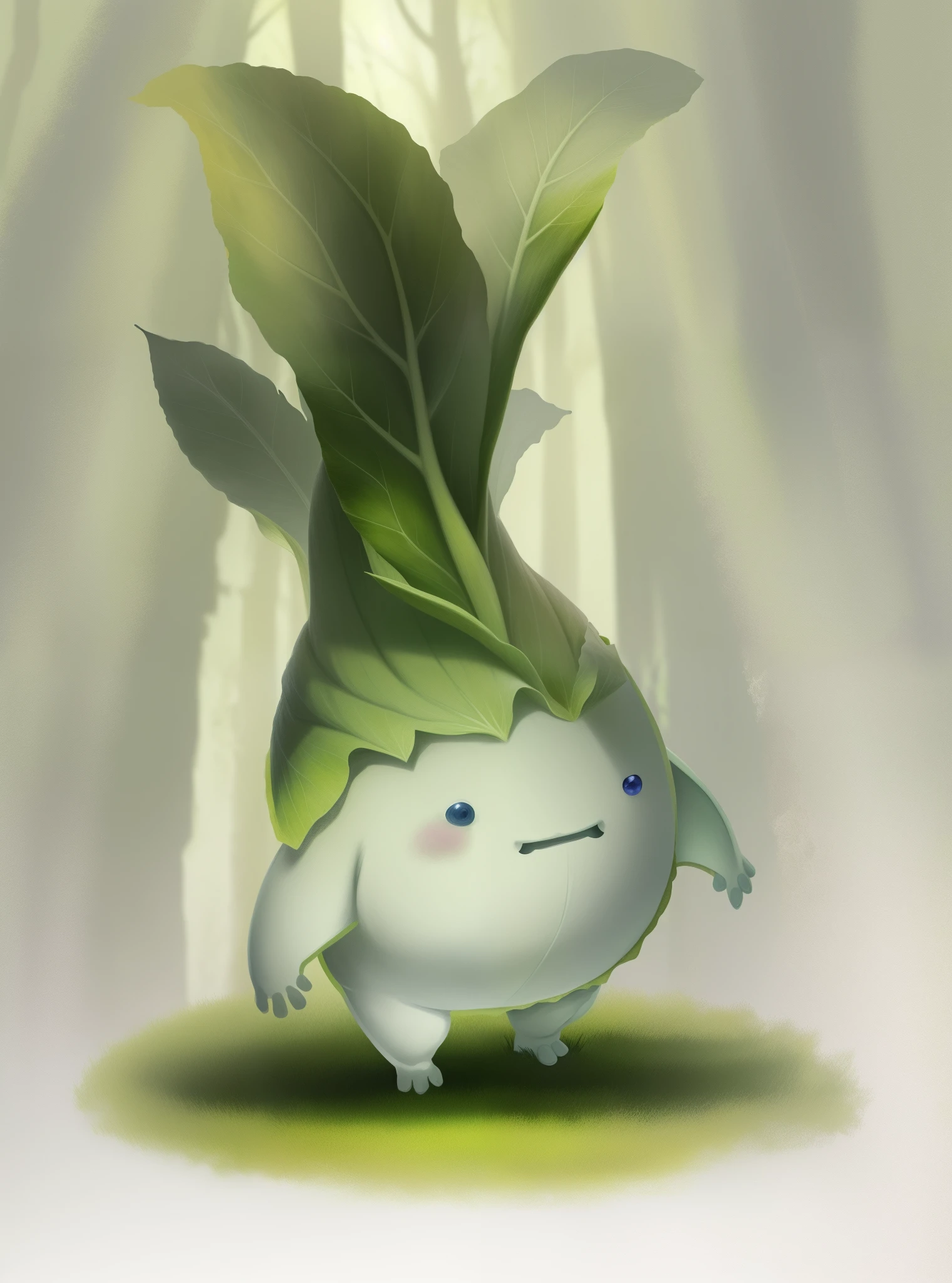 a cartoon of a cabbage with a leafy head and a face a cute vegetable monster monster plant a cute creature without expressiveness a vegetable pet an illustration of a cute pet for a medieval RPG in the background of the image he is in a magical forest with blue sky