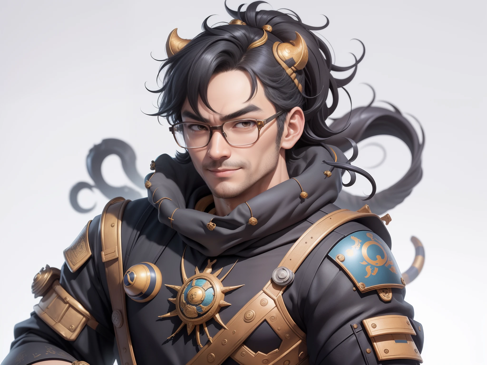 (Masterpiece), (Excellent), (Super Meticulous), (Full Body: 1.2), Super Young Man with Japanese Female Geisha, Pretty, Beautiful, Chinese Dragon, Tiger, Wind God Thor, Sexy, Bursting, Oriental Face, TV Anchor, Bust Portrait Illustration, Black Suit, Blue Tie, Slightly Chubby Face, Silver Glasses, Very Clean Face, No Beard on Chin, Black Super Short Hair, Black Eyes, Confident Smile, 3c Computer Sub-Products, iPad, iPhone, Digital Painting, 3D character design by Mark Clairedon and Pixar and Hayao Miyazaki and Akira Toriyama, the illustrations are HD illustrations in 4K resolution with highly detailed facial features and cartoon-style visuals.