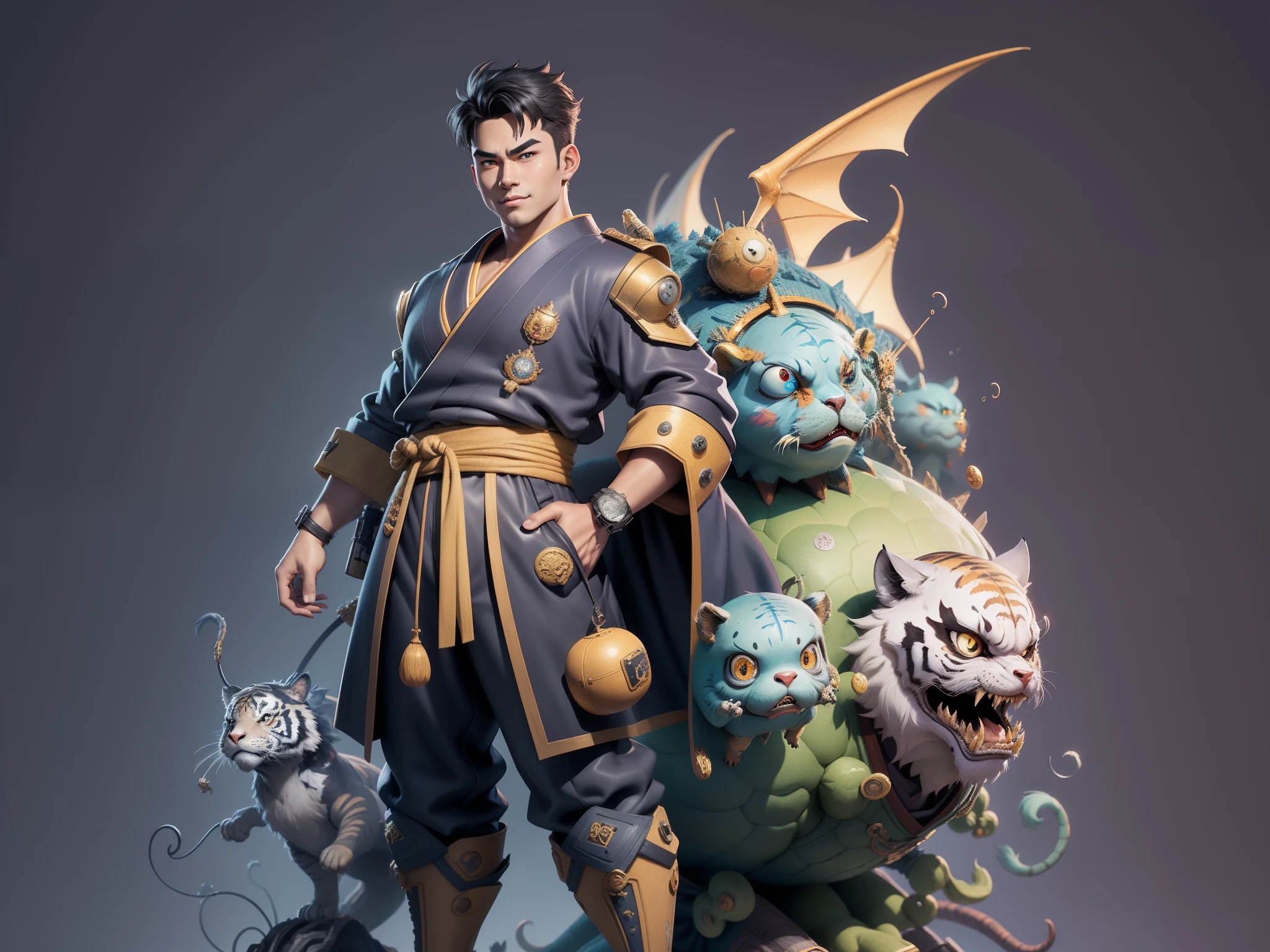 (Masterpiece), (Excellent), (Super Meticulous), (Full Body: 1.2), Super Young Man, Oriental Face, Japanese Kimono, Japanese Wind Thunder God, Dragon, Tiger, TV Anchor, Bust Portrait Illustration, Alone, Black Suit, Blue Tie, Slightly Chubby Face, Very Clean Face, No Beard, Black Super Short Hair, Black Eyes, Confident Smile, 3c Computer Sub-Products, iPad, iPhone, Digital Painting, 3D Character Design by Akira Toriyama and Mark Claireden and Pixar and Hayao Miyazaki, The illustration is a high-definition illustration in 4K resolution with very detailed facial features and cartoon-style visuals.