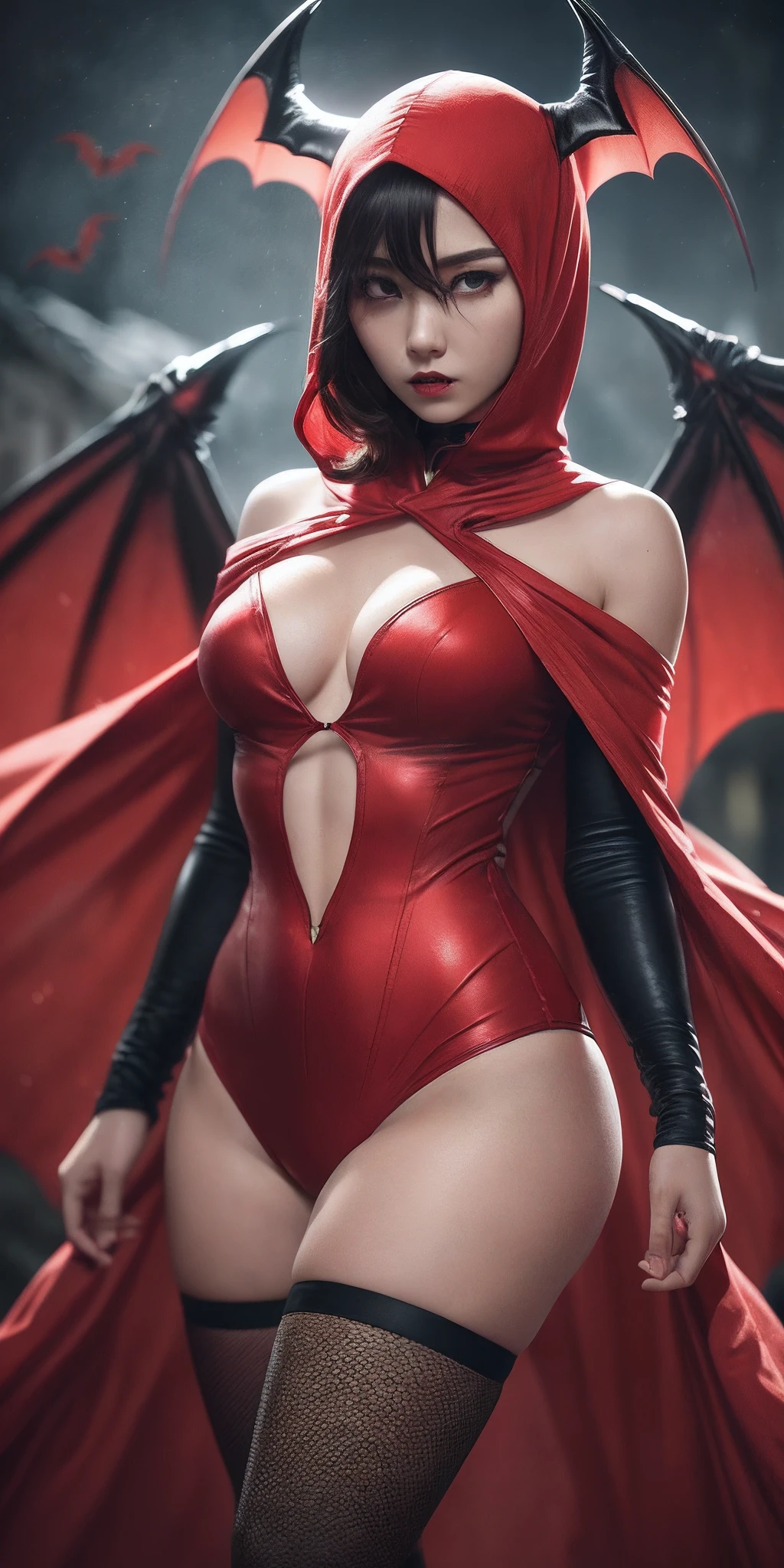 (RAW photo, 4k, masterpiece, high resolution, extremely complex) (realistic: 1.4),(Bandage wrapped around head covering one eye),(pointed ear),(big red bat wings), cinematic lighting , (((a half-vampire female character))), Ground Focus, (night), fog, medieval\(Style\), ( Best Quality ), (Highres),(dark skin tone) (short red hair),( big flowing red cape),(red and black clothing covering whole body),(8k expressionless face),(Red eyes),(ulzzang-6500:1.0),(solo),(spectators),(penetrate gaze),( side),(mysterious catacomb environment),((speed)),(reality), --auto --s2