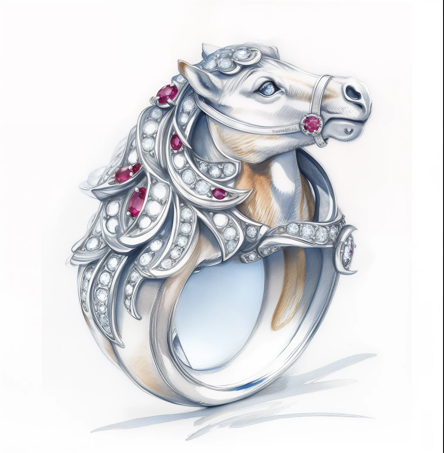 Horse white gold ring，Round rubies，Diamond，Sketch，aquarelle