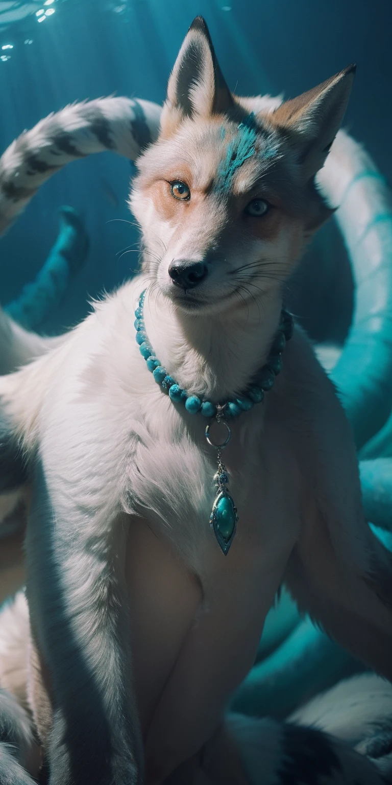 best quality, masterpiece, (photorealistic:1.4),animal, shirt with collars, waist up, dramatic lighting, from below , nine tail fox,Turquoise fur, blue eyes, shell necklace,9 tails made of large green tentacles, underwater background, glowing eyes, white fur,kyuubi