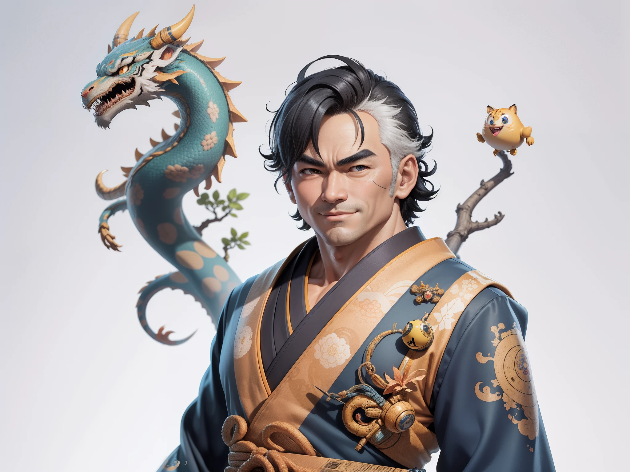 (Masterpiece), (Excellent), (Super Meticulous), (Full Body: 1.2), Super Young Man, Oriental Face, Japanese Kimono, Japanese Wind Thunder God, Dragon, Tiger, TV Anchor, Bust Portrait Illustration, Alone, Black Suit, Blue Tie, Slightly Chubby Face, Very Clean Face, No Beard, Black Super Short Hair, Black Eyes, Confident Smile, 3c Computer Sub-Products, iPad, iPhone, Digital Painting, 3D Character Design by Akira Toriyama and Mark Claireden and Pixar and Hayao Miyazaki, The illustration is a high-definition illustration in 4K resolution with very detailed facial features and cartoon-style visuals.