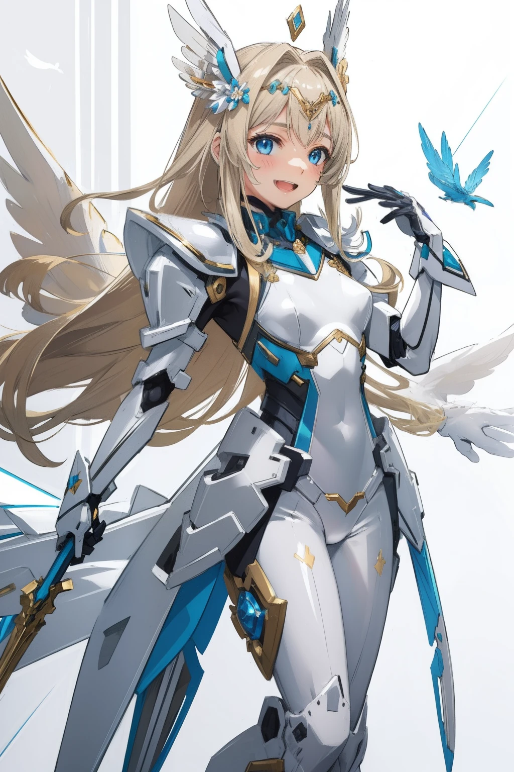 (master piece, Best Quality), Intricate details, valkyrie, kawaii, Happy, (((Laugh))), Villainous smile, Hand up, Looking at Viewer, Feather Headgear, Flower meadow, (((flat breast)))
1 girl in, Solo, Portrait, Plutinum Blonde Hair, drooping iceblue eyes, Silver Single Thigh, White Independent Single Sleeve, gloves, Single braid,
mecha musume, White bodysuit, Silver Reinforced Suit, Mini Feather Wings, silver pantyhose, full armor, flower decoration, equip sword,