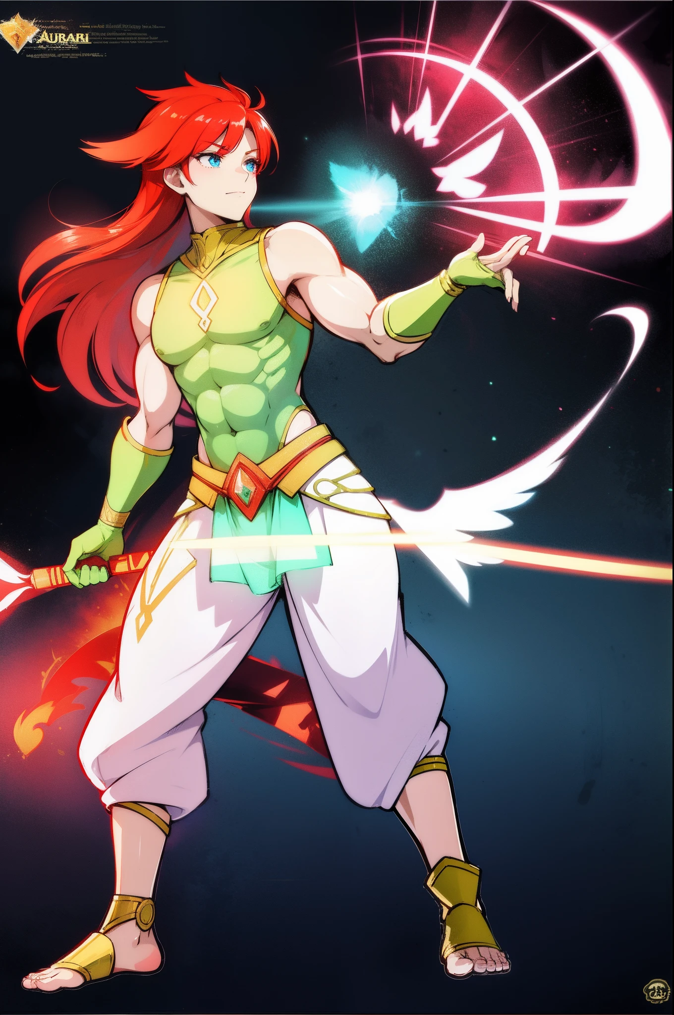 Aur-Urah, the Light Fairy, red hair, aura, muscular male, light body, full body, pants, armor, pullover, gloves, full clothed, solo focus