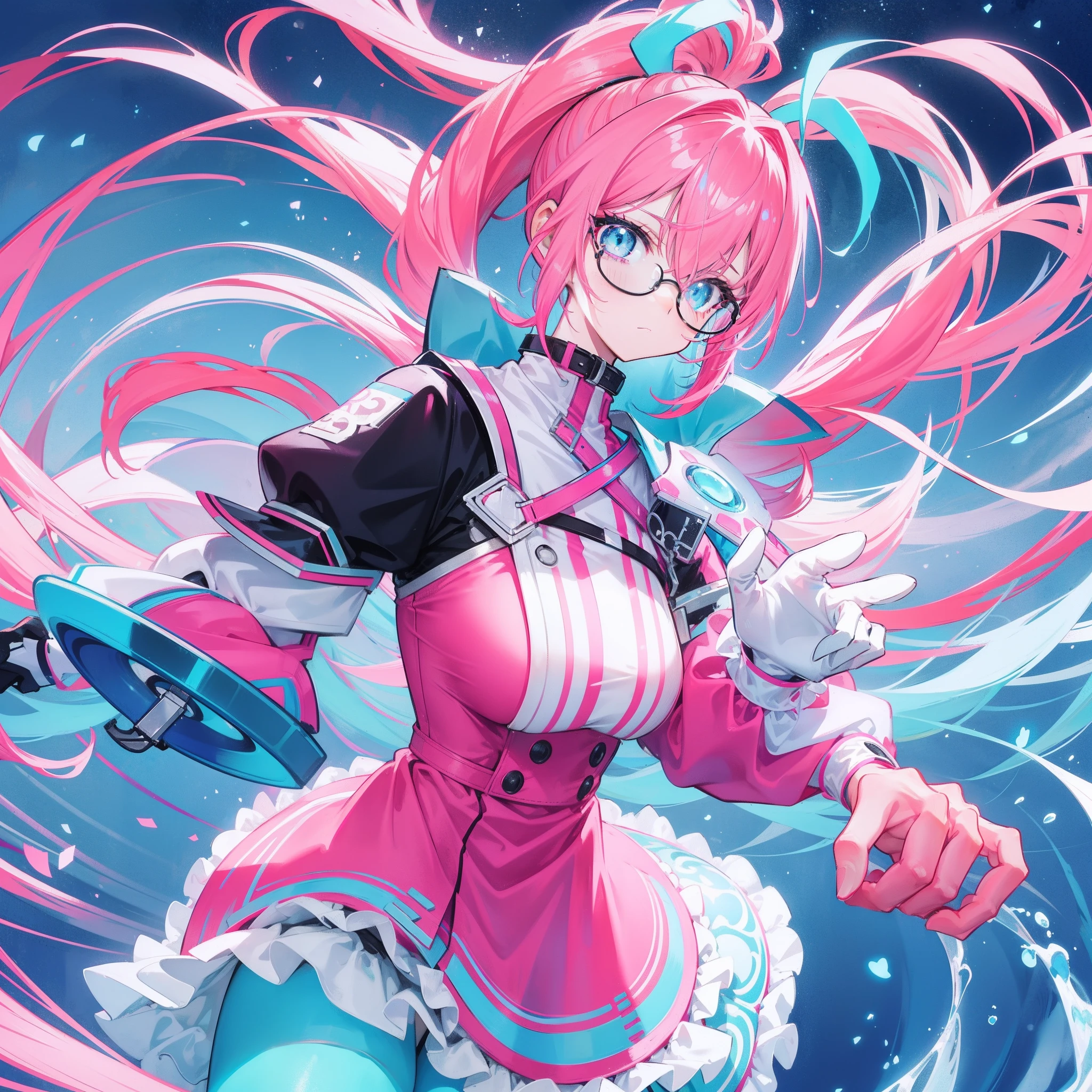 Neon-like vivid blue gradient to bright pink hair,Tied with a high ponytail,With round thick-rimmed glasses,Pink collar,red colour,In pink,Yellow with cream dress,A cute girl who looks fierce