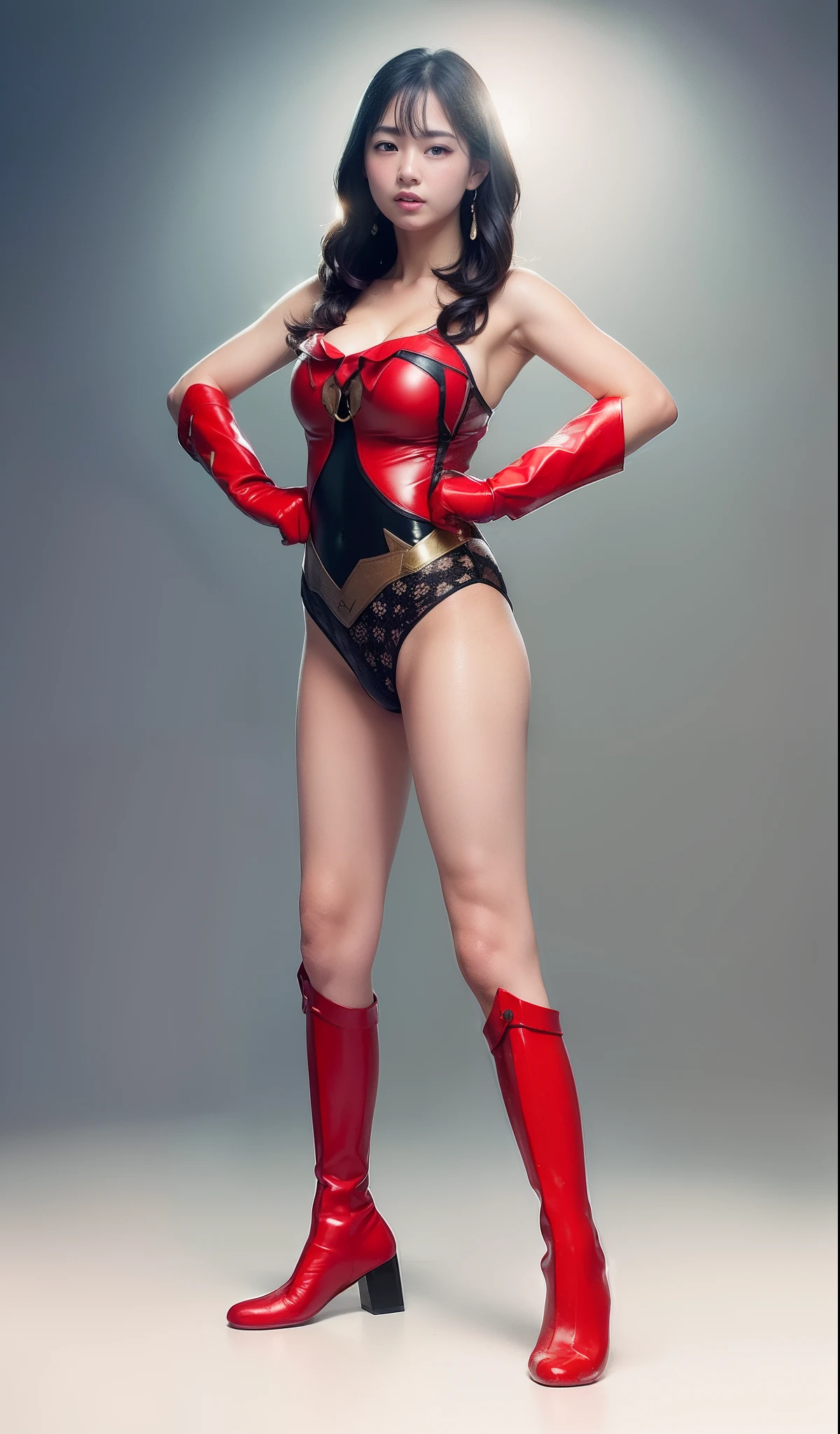 (((Make the most of the original image)))、(((Be sure to wear black tights)))、(((Wonder Girl Costume)))、(((lustrous dark hair)))、(((Wear red boots)))、((Top image quality、8K))、((top-quality、8K、masterpiece:1.3))、Crisp focus:1.2、Beautiful woman with perfect body shape:1.4、Slender Abs:1.2、((layers-Cut、large boob:1.2))、a wet body:1.5、Highly detailed facial and skin texture、